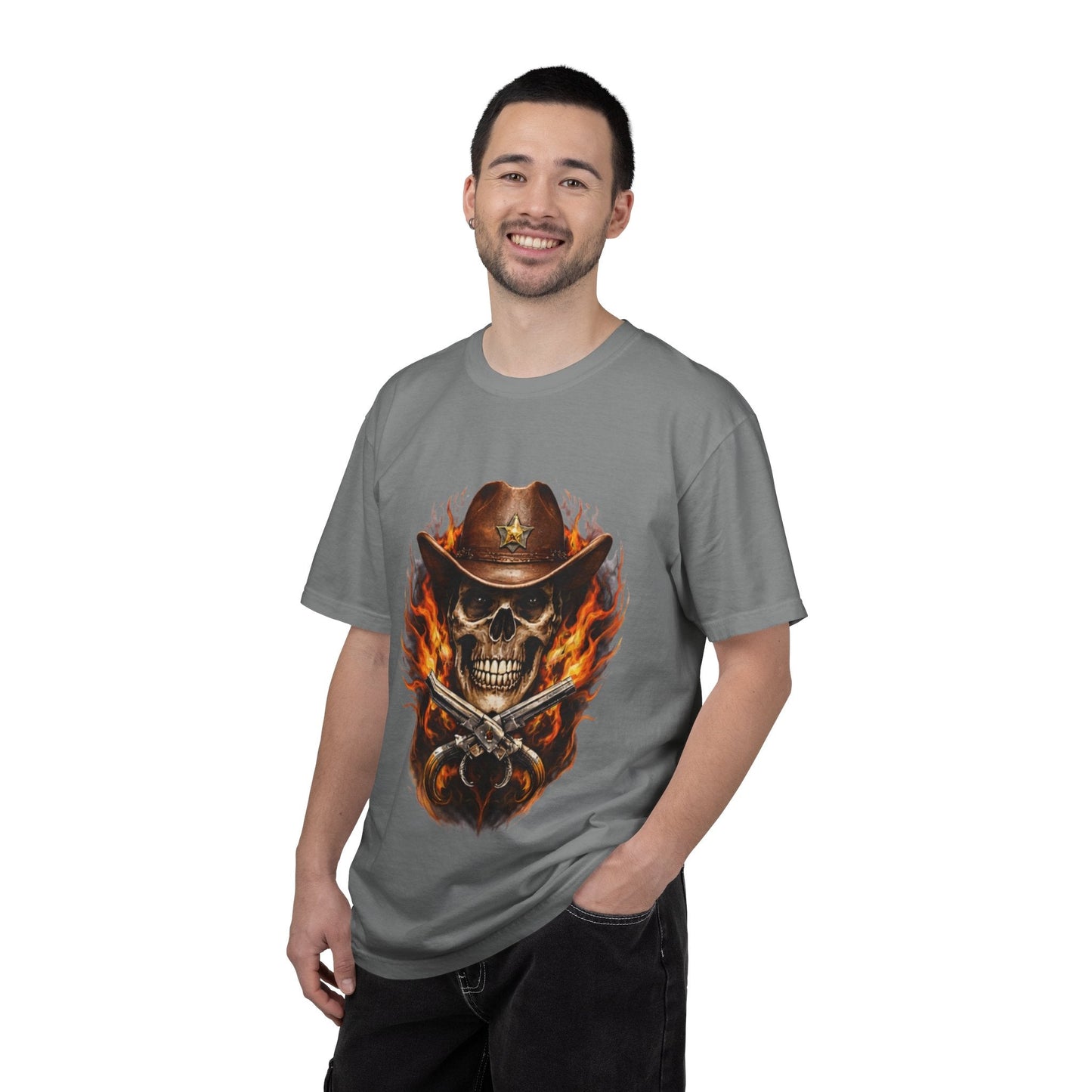 Flaming Cowboy Skull T-Shirt — Western Skull & Crossed Pistols Graphic Tee - JennyCool