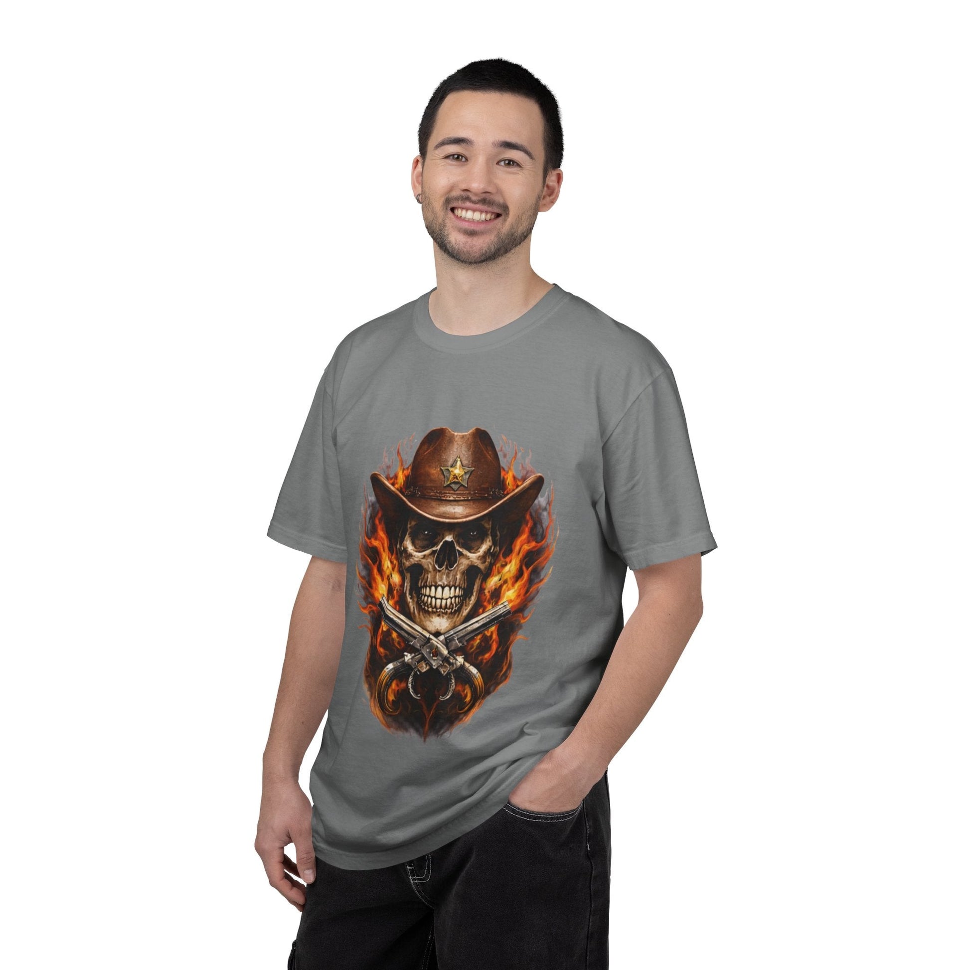 Flaming Cowboy Skull T-Shirt — Western Skull & Crossed Pistols Graphic Tee - JennyCool