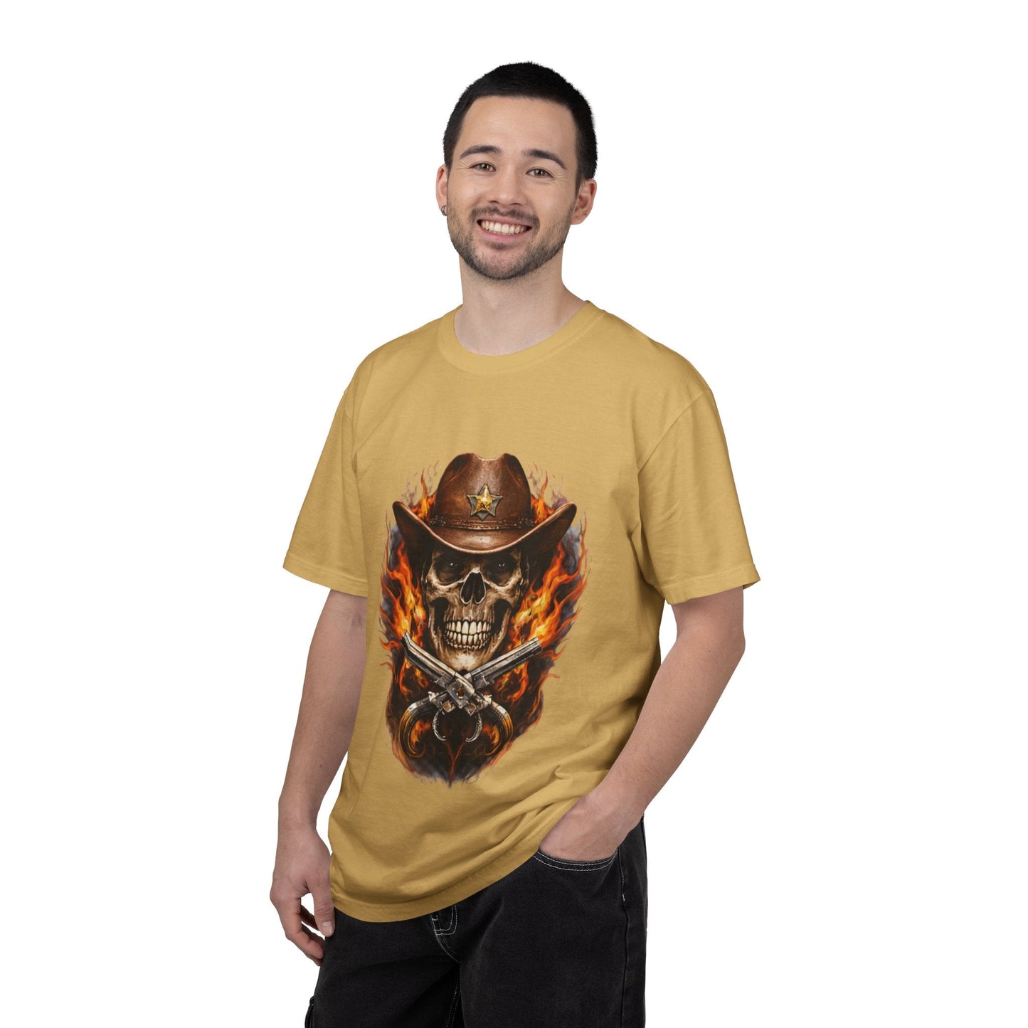 Flaming Cowboy Skull T-Shirt — Western Skull & Crossed Pistols Graphic Tee - JennyCool