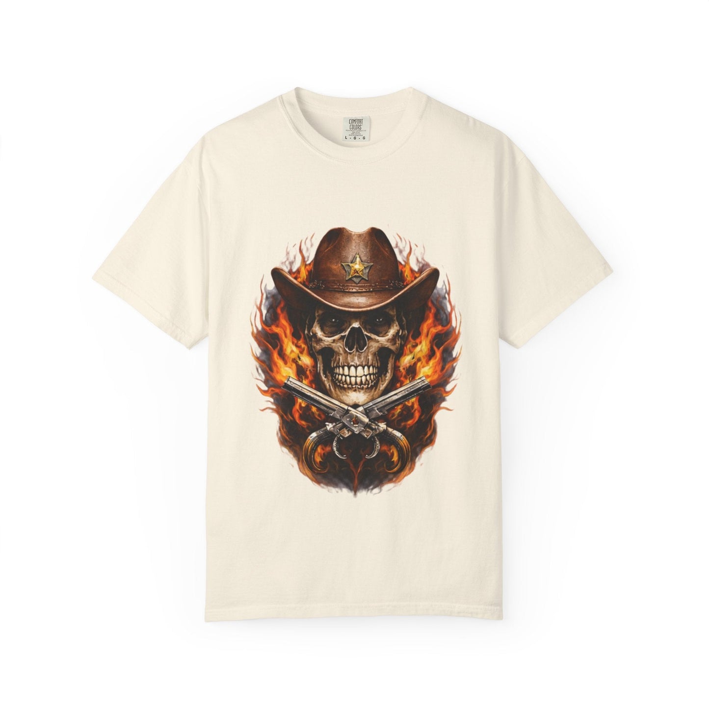 Flaming Cowboy Skull T-Shirt — Western Skull & Crossed Pistols Graphic Tee - JennyCool