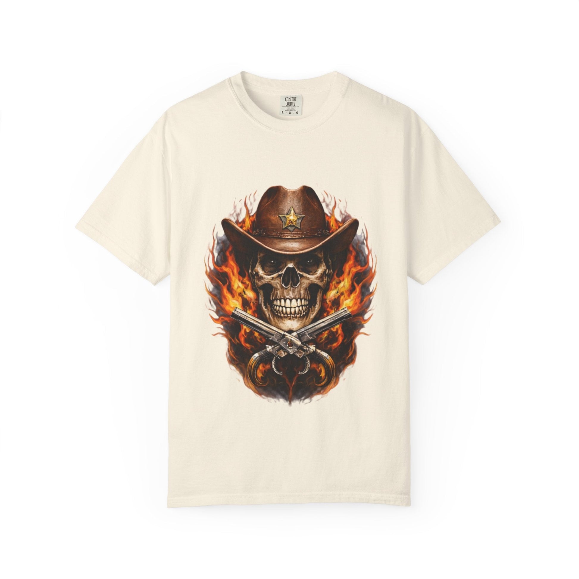 Flaming Cowboy Skull T-Shirt — Western Skull & Crossed Pistols Graphic Tee - JennyCool