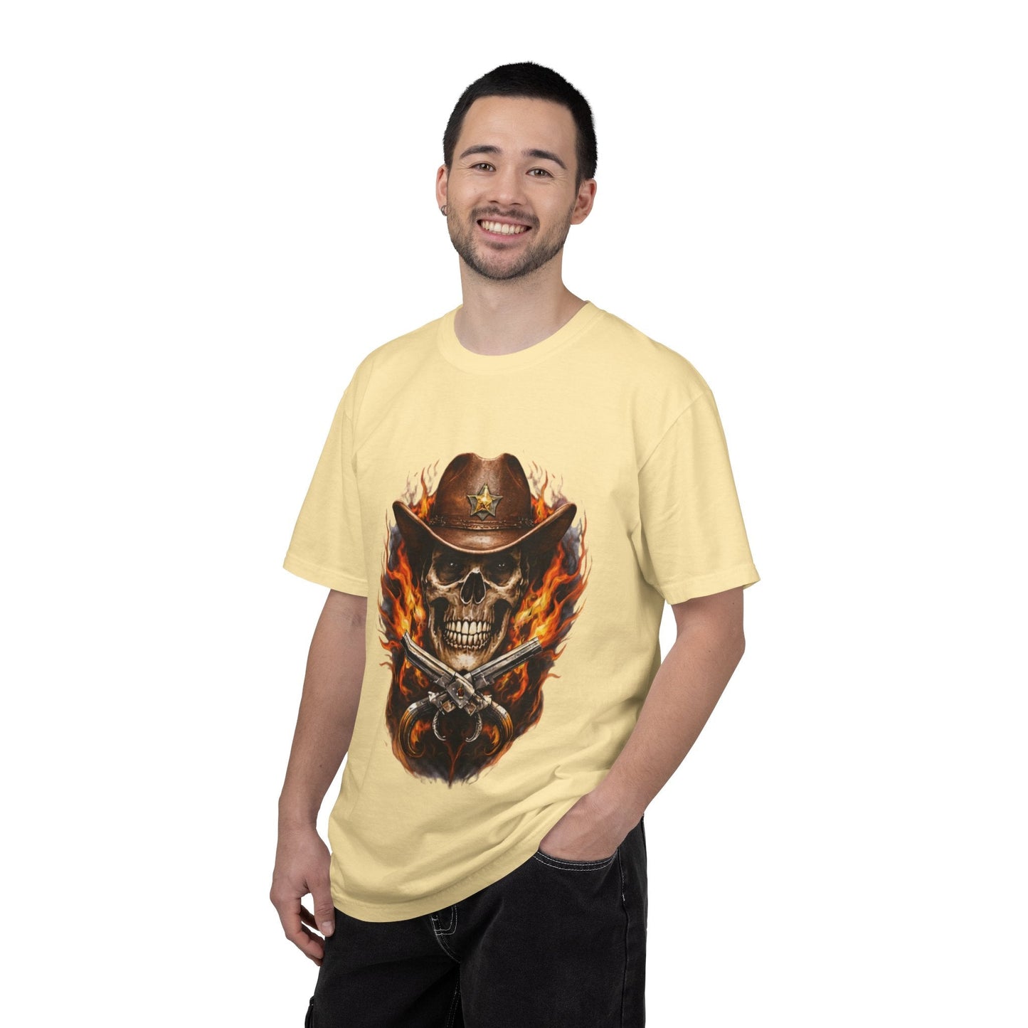 Flaming Cowboy Skull T-Shirt — Western Skull & Crossed Pistols Graphic Tee - JennyCool