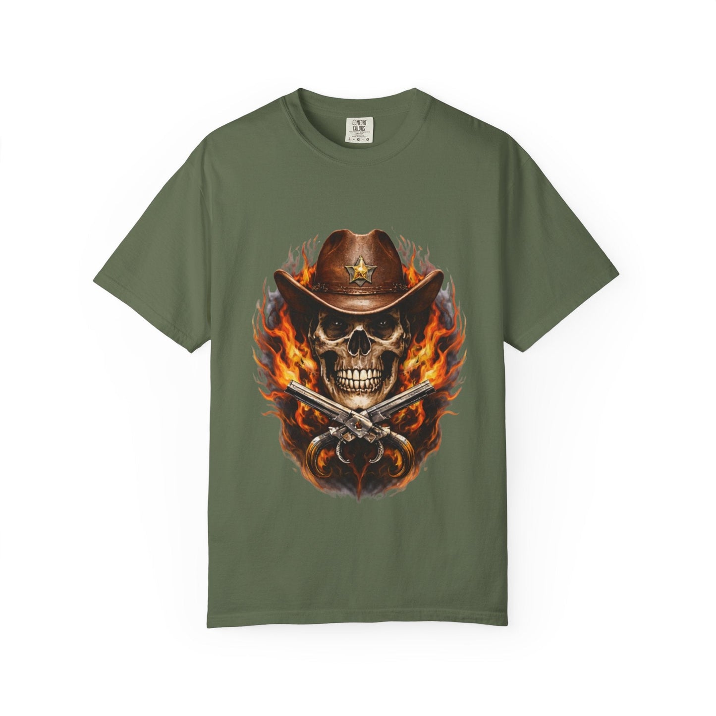 Flaming Cowboy Skull T-Shirt — Western Skull & Crossed Pistols Graphic Tee - JennyCool