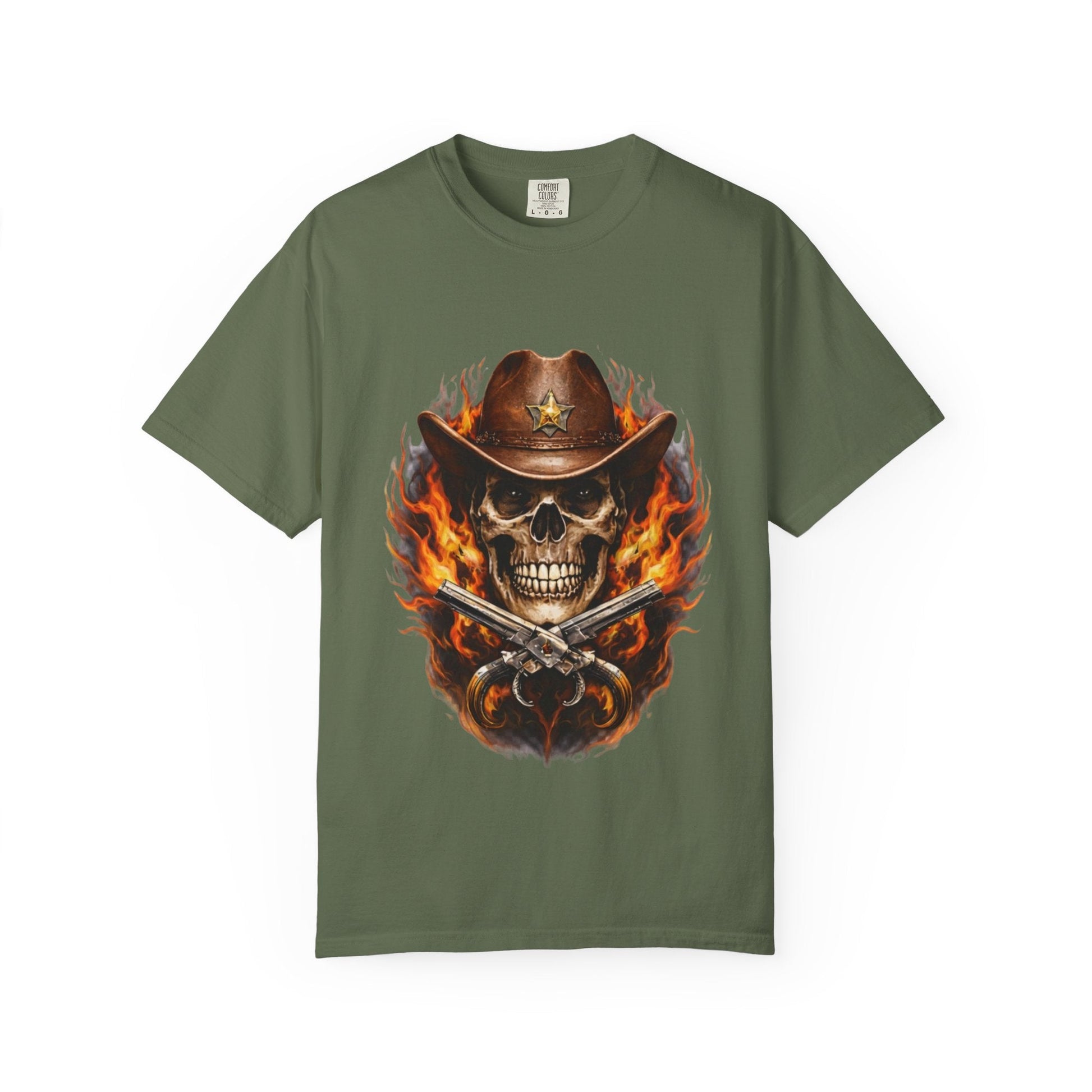 Flaming Cowboy Skull T-Shirt — Western Skull & Crossed Pistols Graphic Tee - JennyCool