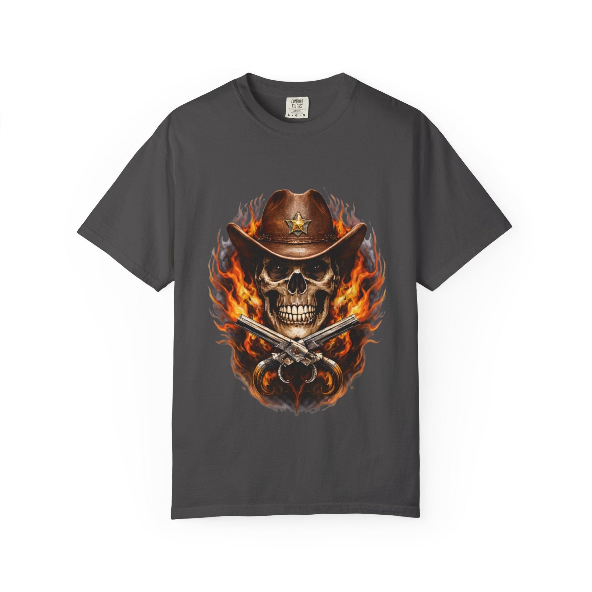 Flaming Cowboy Skull T-Shirt — Western Skull & Crossed Pistols Graphic Tee - JennyCool