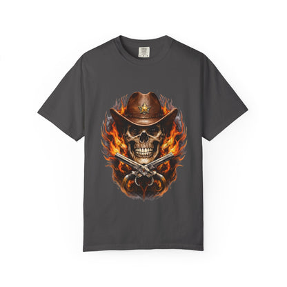 Flaming Cowboy Skull T-Shirt — Western Skull & Crossed Pistols Graphic Tee - JennyCool