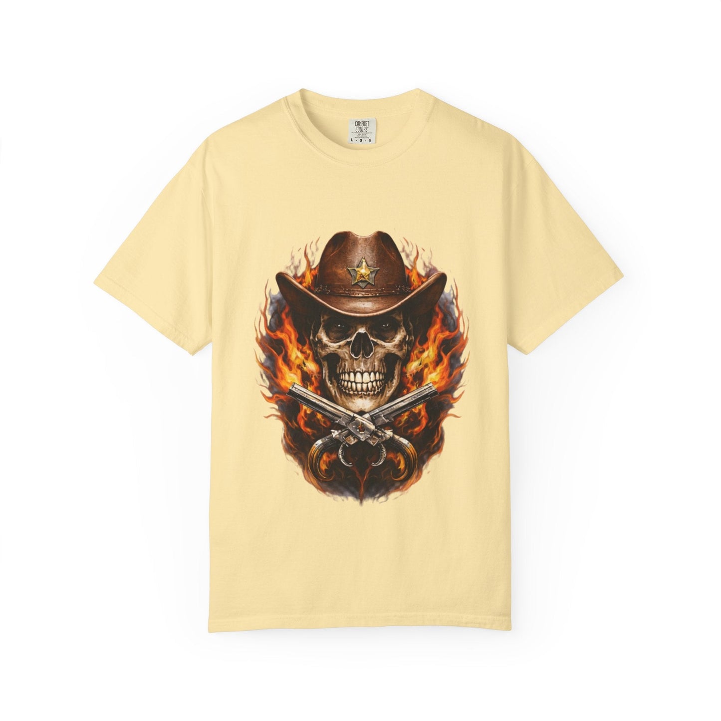 Flaming Cowboy Skull T-Shirt — Western Skull & Crossed Pistols Graphic Tee - JennyCool