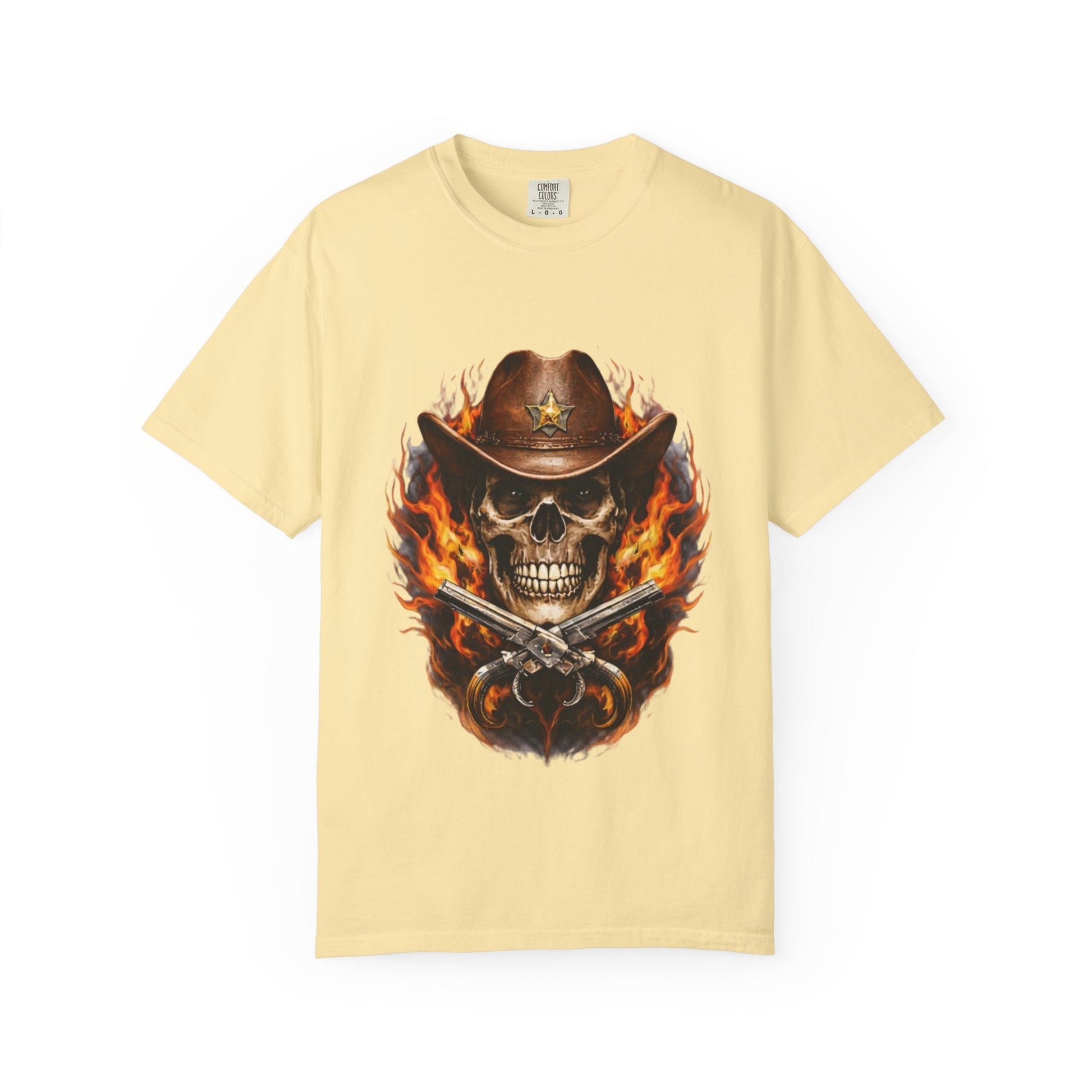 Flaming Cowboy Skull T-Shirt — Western Skull & Crossed Pistols Graphic Tee - JennyCool