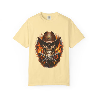 Flaming Cowboy Skull T-Shirt — Western Skull & Crossed Pistols Graphic Tee - JennyCool