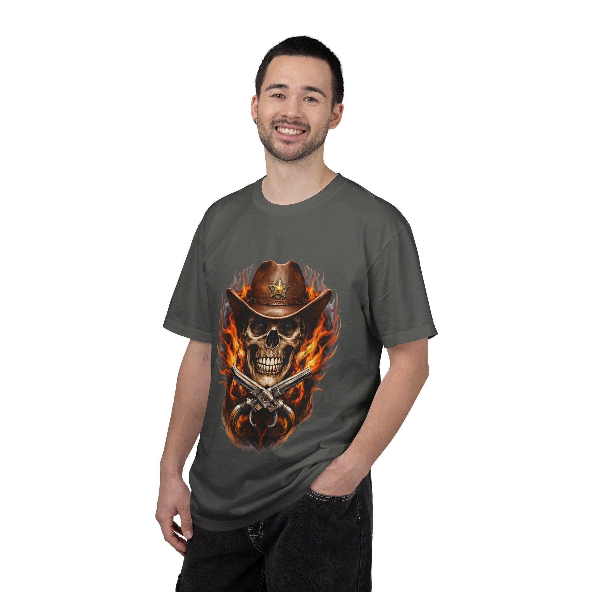 Flaming Cowboy Skull T-Shirt — Western Skull & Crossed Pistols Graphic Tee - JennyCool