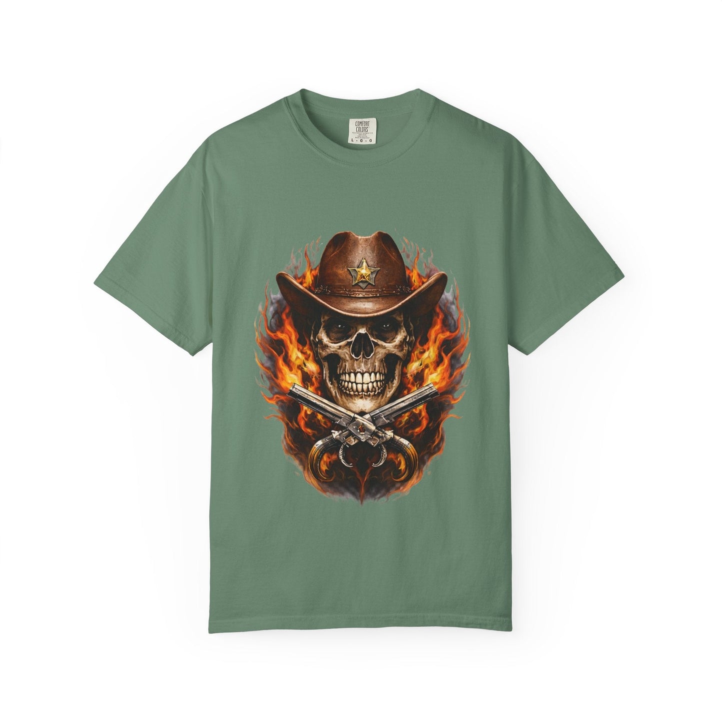 Flaming Cowboy Skull T-Shirt — Western Skull & Crossed Pistols Graphic Tee - JennyCool