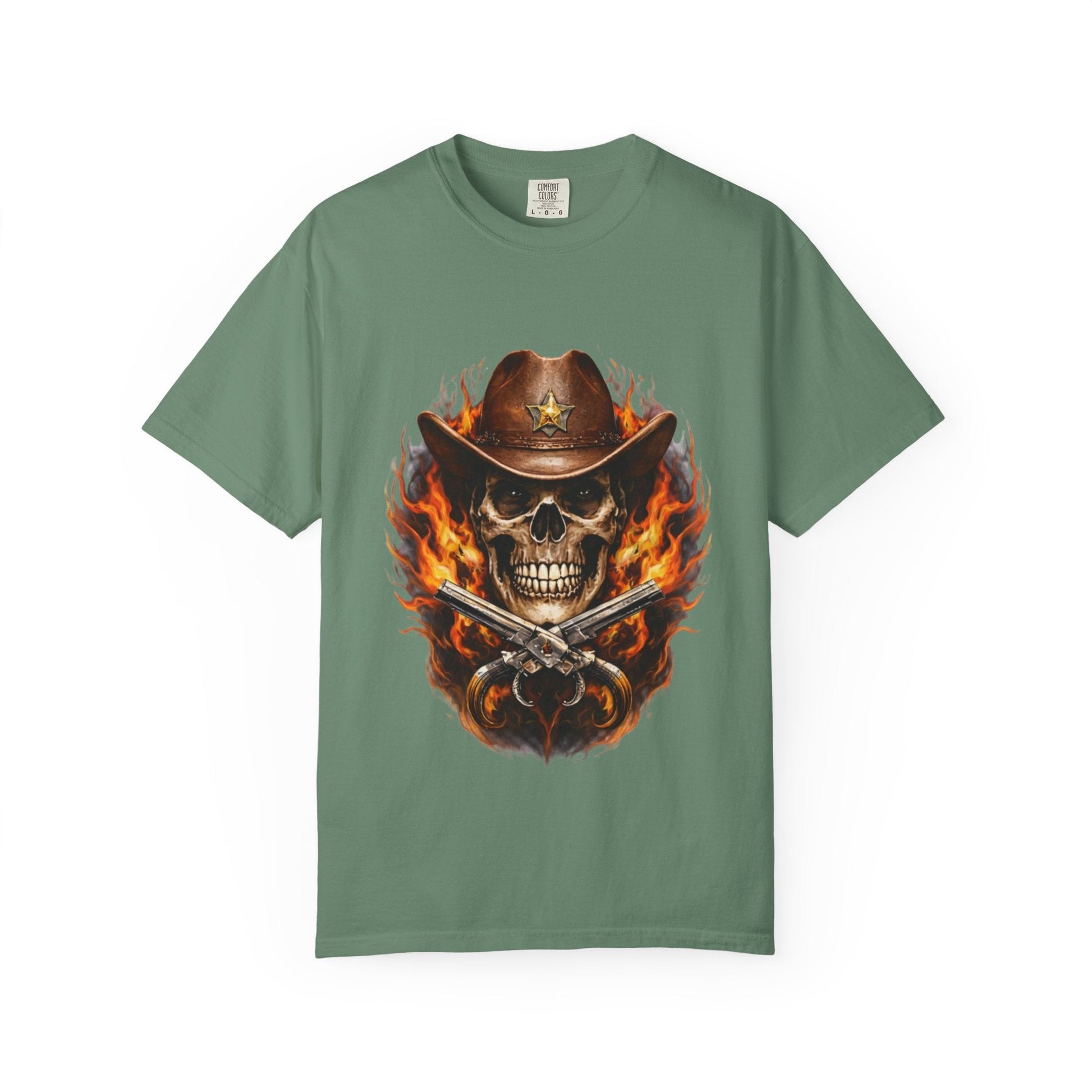 Flaming Cowboy Skull T-Shirt — Western Skull & Crossed Pistols Graphic Tee - JennyCool