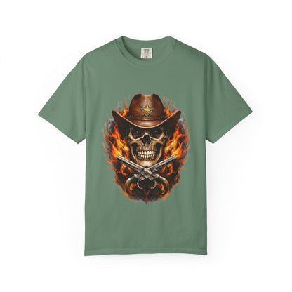 Flaming Cowboy Skull T-Shirt — Western Skull & Crossed Pistols Graphic Tee - JennyCool