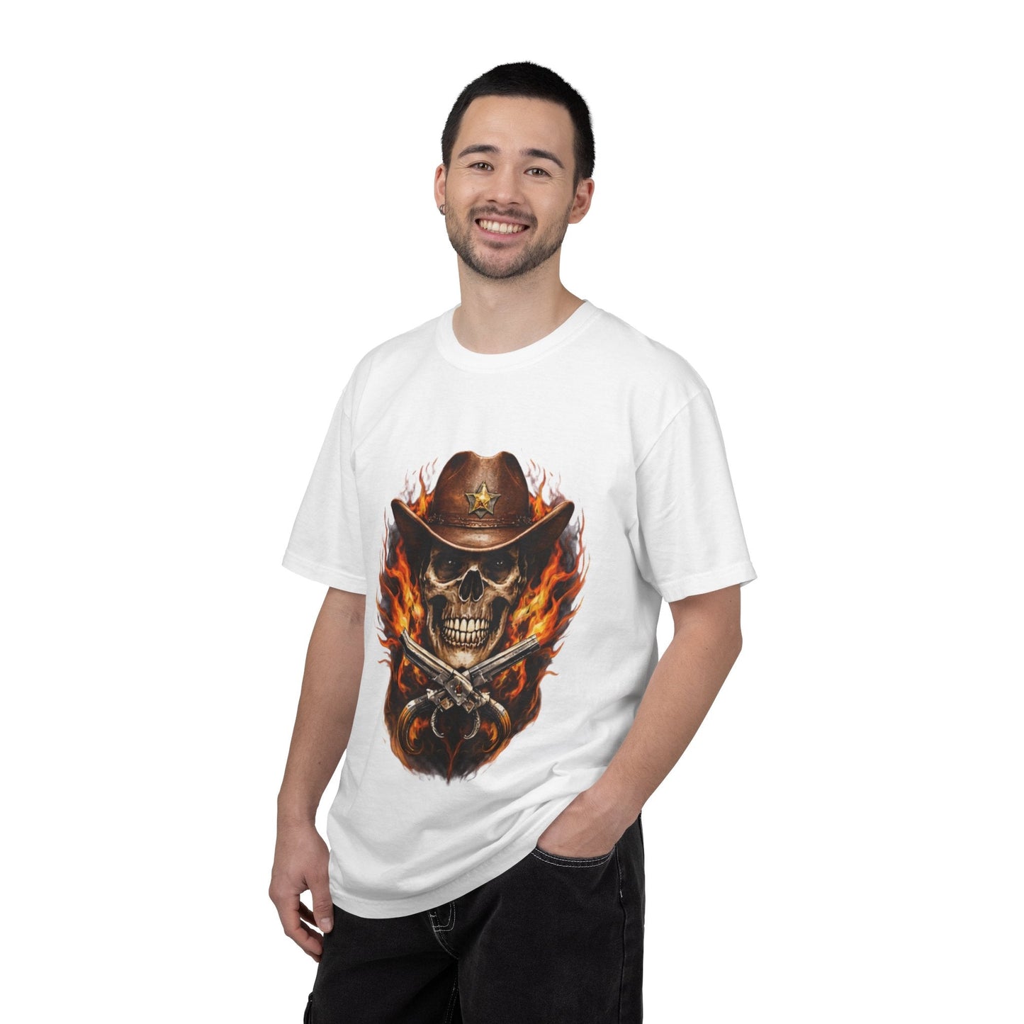 Flaming Cowboy Skull T-Shirt — Western Skull & Crossed Pistols Graphic Tee - JennyCool