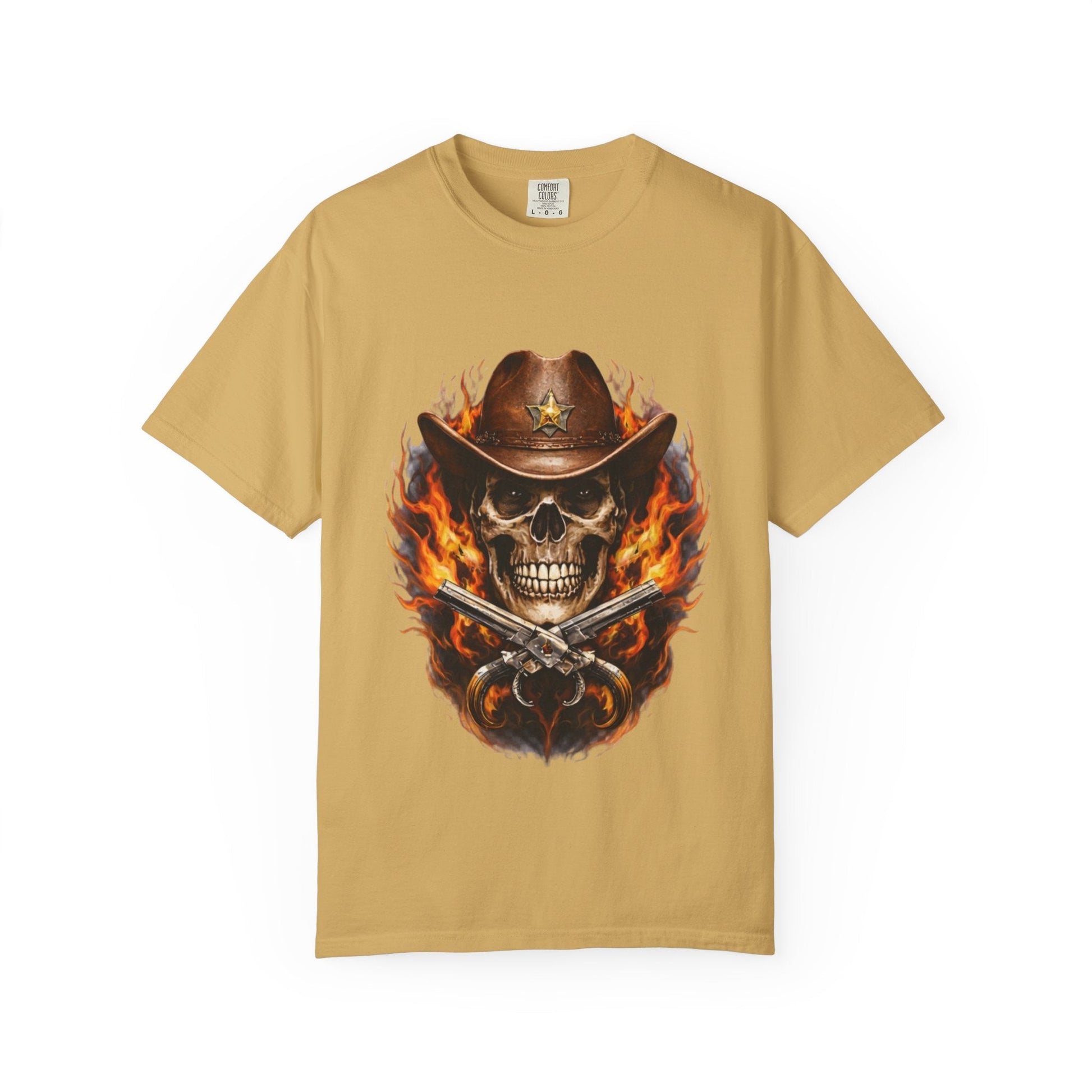 Flaming Cowboy Skull T-Shirt — Western Skull & Crossed Pistols Graphic Tee - JennyCool