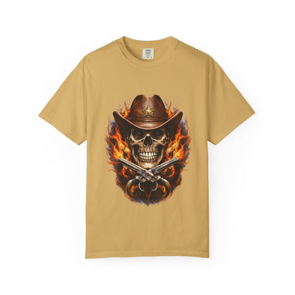 Flaming Cowboy Skull T-Shirt — Western Skull & Crossed Pistols Graphic Tee - JennyCool