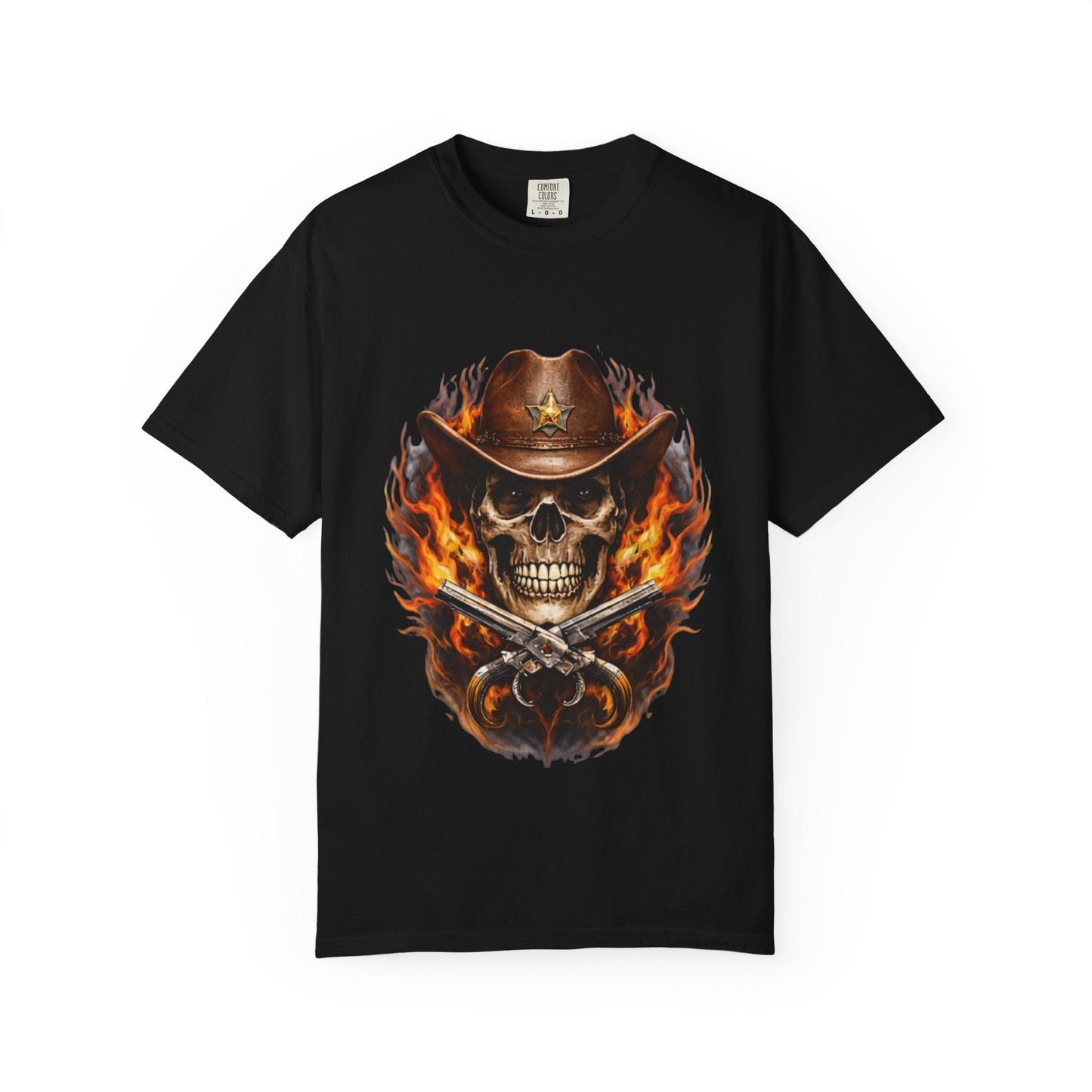 Flaming Cowboy Skull T-Shirt — Western Skull & Crossed Pistols Graphic Tee - JennyCool