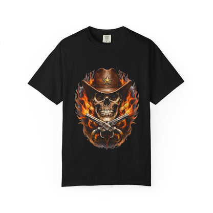 Flaming Cowboy Skull T-Shirt — Western Skull & Crossed Pistols Graphic Tee - JennyCool