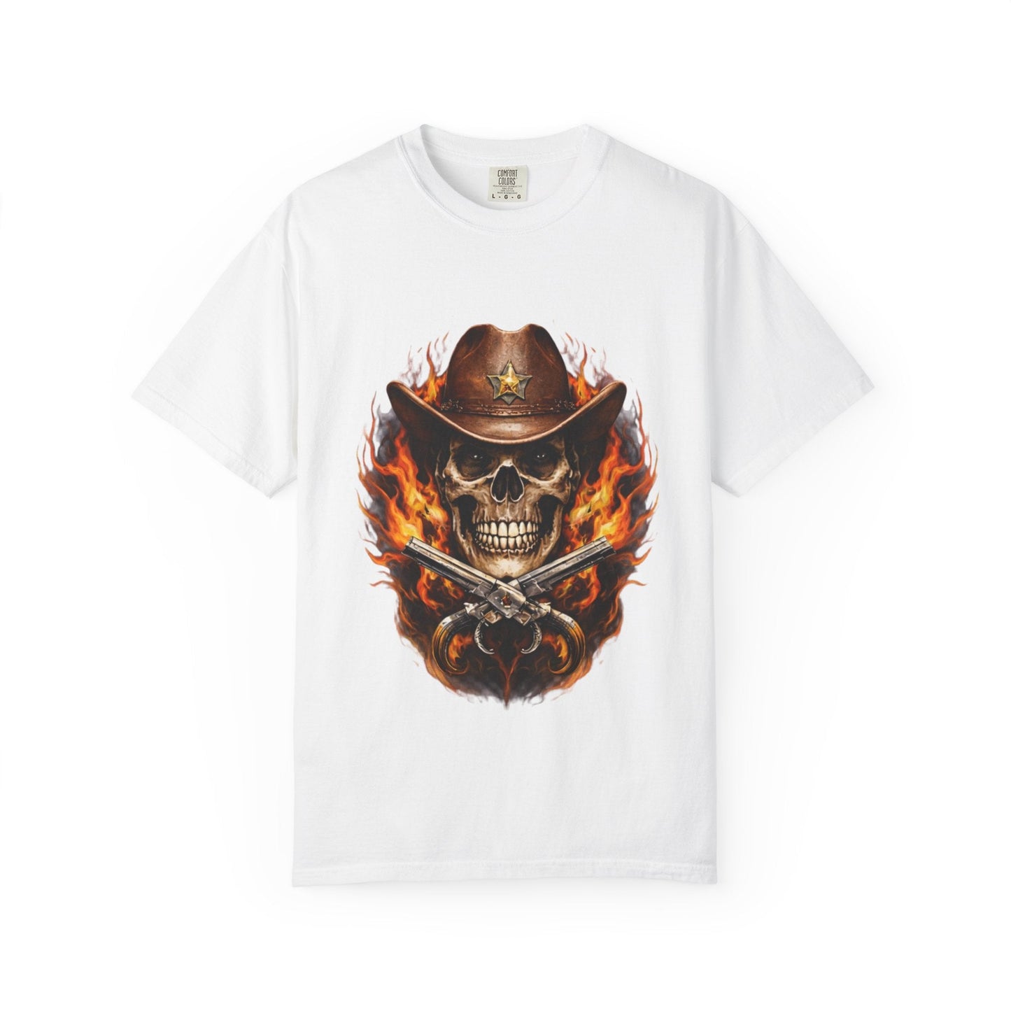 Flaming Cowboy Skull T-Shirt — Western Skull & Crossed Pistols Graphic Tee - JennyCool