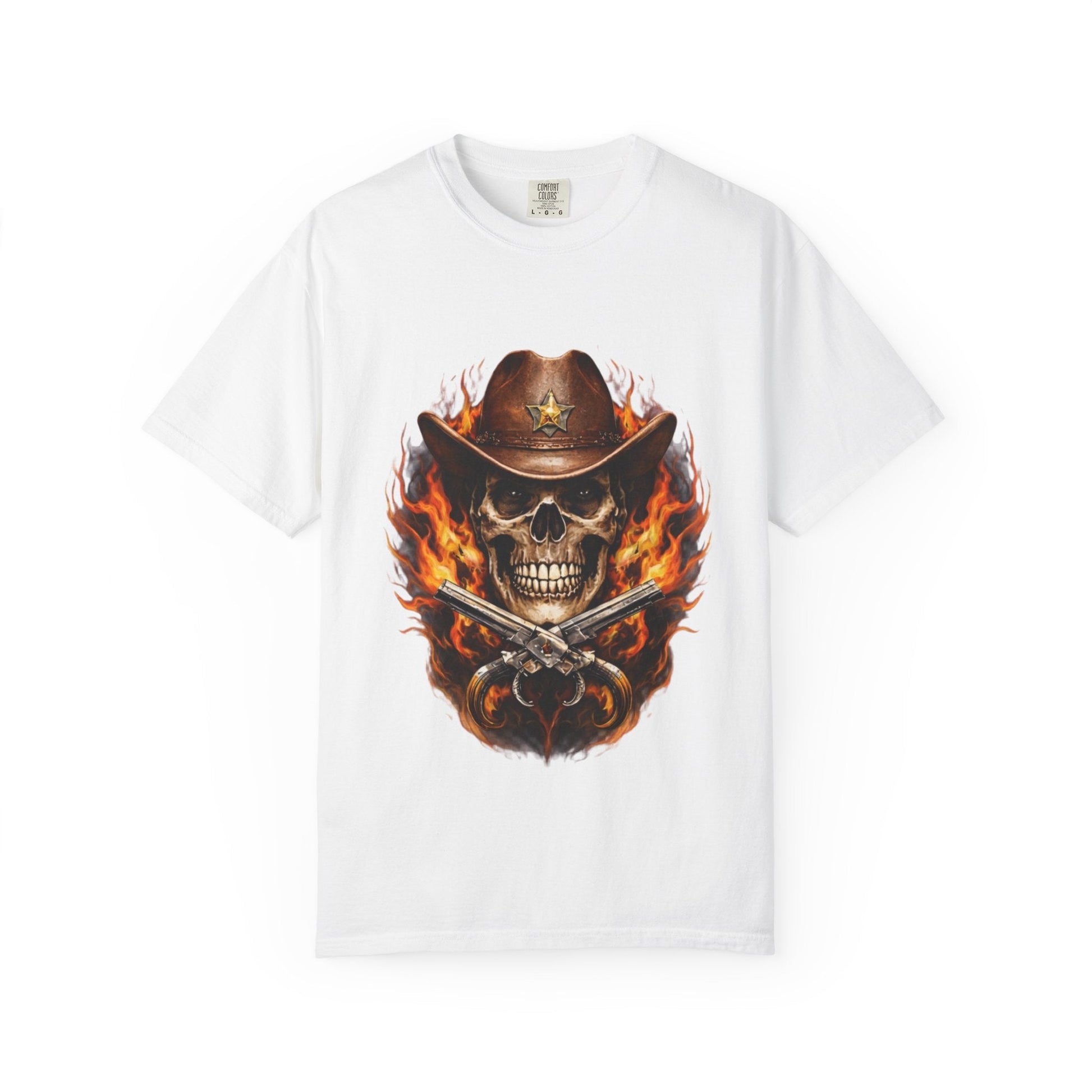 Flaming Cowboy Skull T-Shirt — Western Skull & Crossed Pistols Graphic Tee - JennyCool