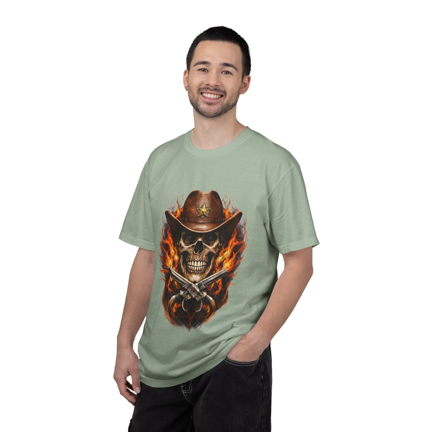 Flaming Cowboy Skull T-Shirt — Western Skull & Crossed Pistols Graphic Tee - JennyCool