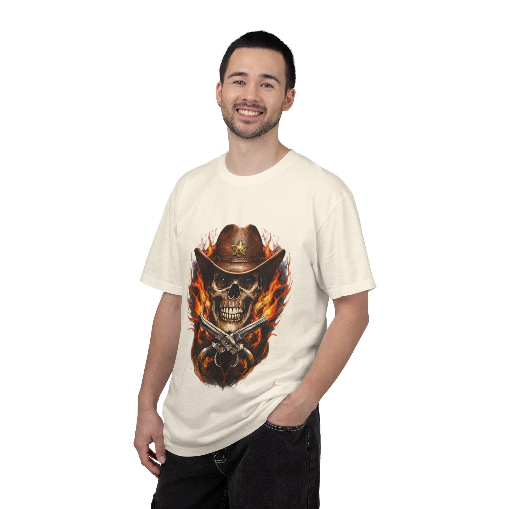 Flaming Cowboy Skull T-Shirt — Western Skull & Crossed Pistols Graphic Tee - JennyCool