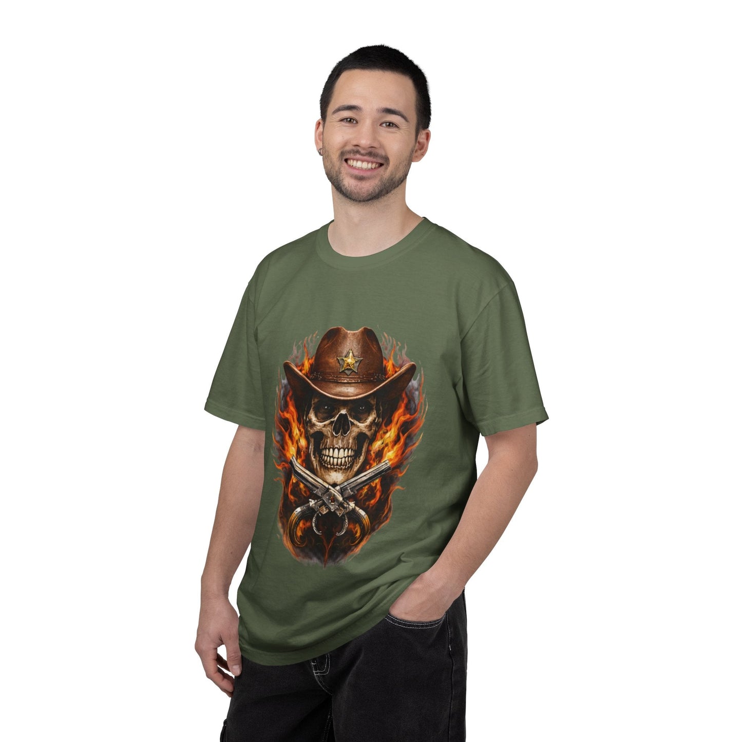 Flaming Cowboy Skull T-Shirt — Western Skull & Crossed Pistols Graphic Tee - JennyCool