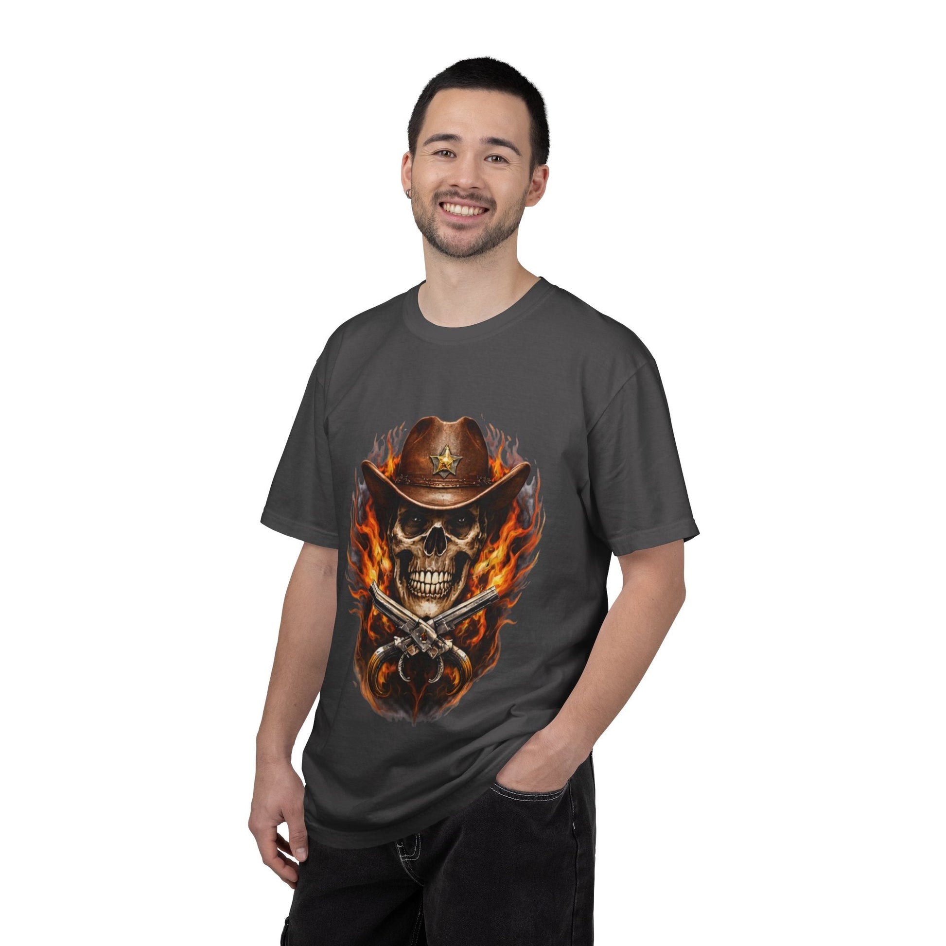 Flaming Cowboy Skull T-Shirt — Western Skull & Crossed Pistols Graphic Tee - JennyCool