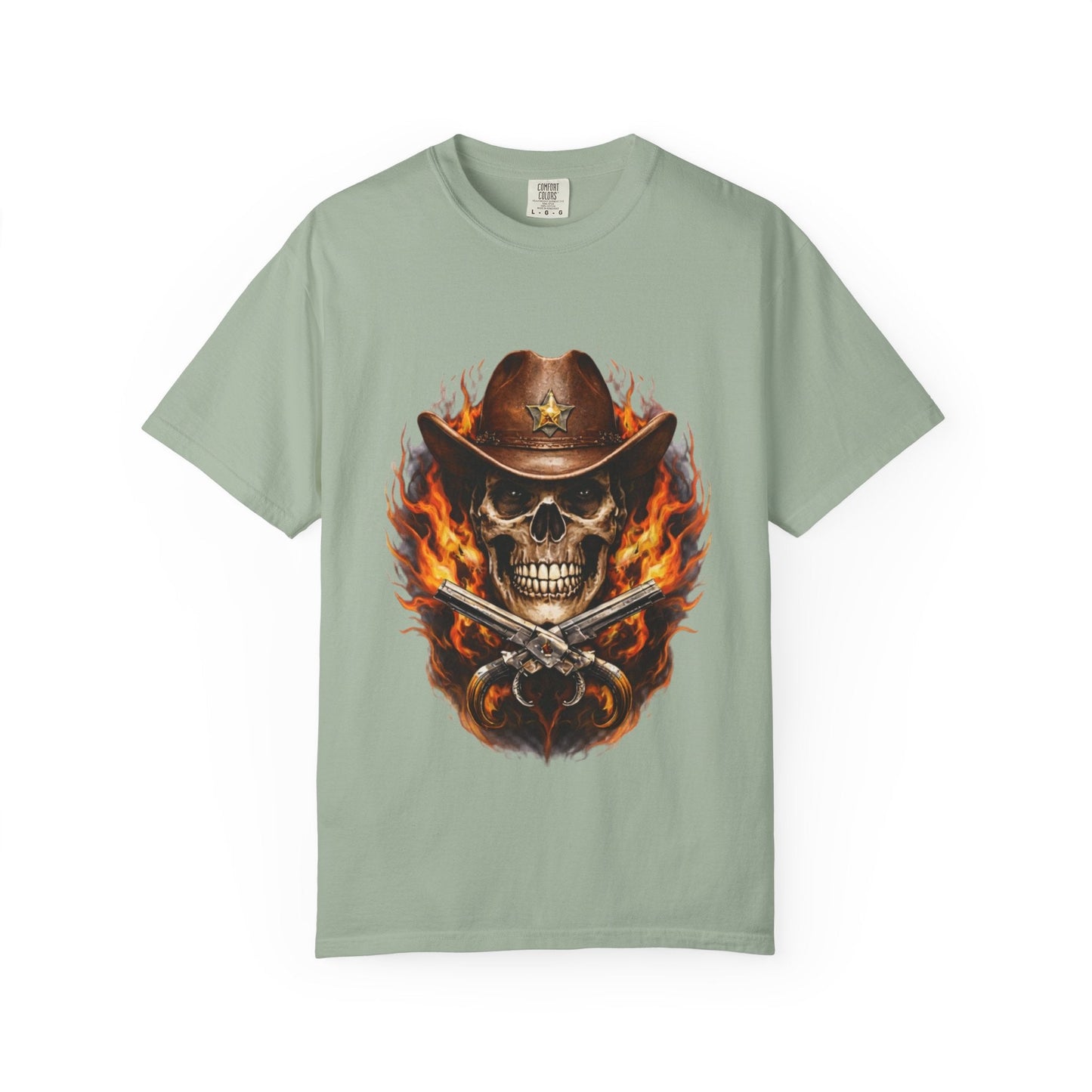 Flaming Cowboy Skull T-Shirt — Western Skull & Crossed Pistols Graphic Tee - JennyCool