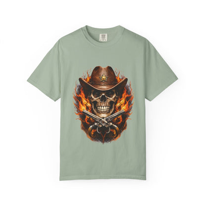 Flaming Cowboy Skull T-Shirt — Western Skull & Crossed Pistols Graphic Tee - JennyCool