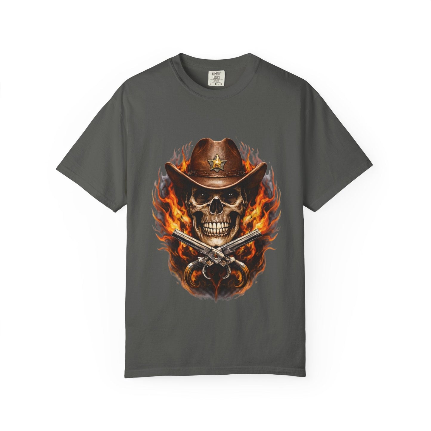 Flaming Cowboy Skull T-Shirt — Western Skull & Crossed Pistols Graphic Tee - JennyCool