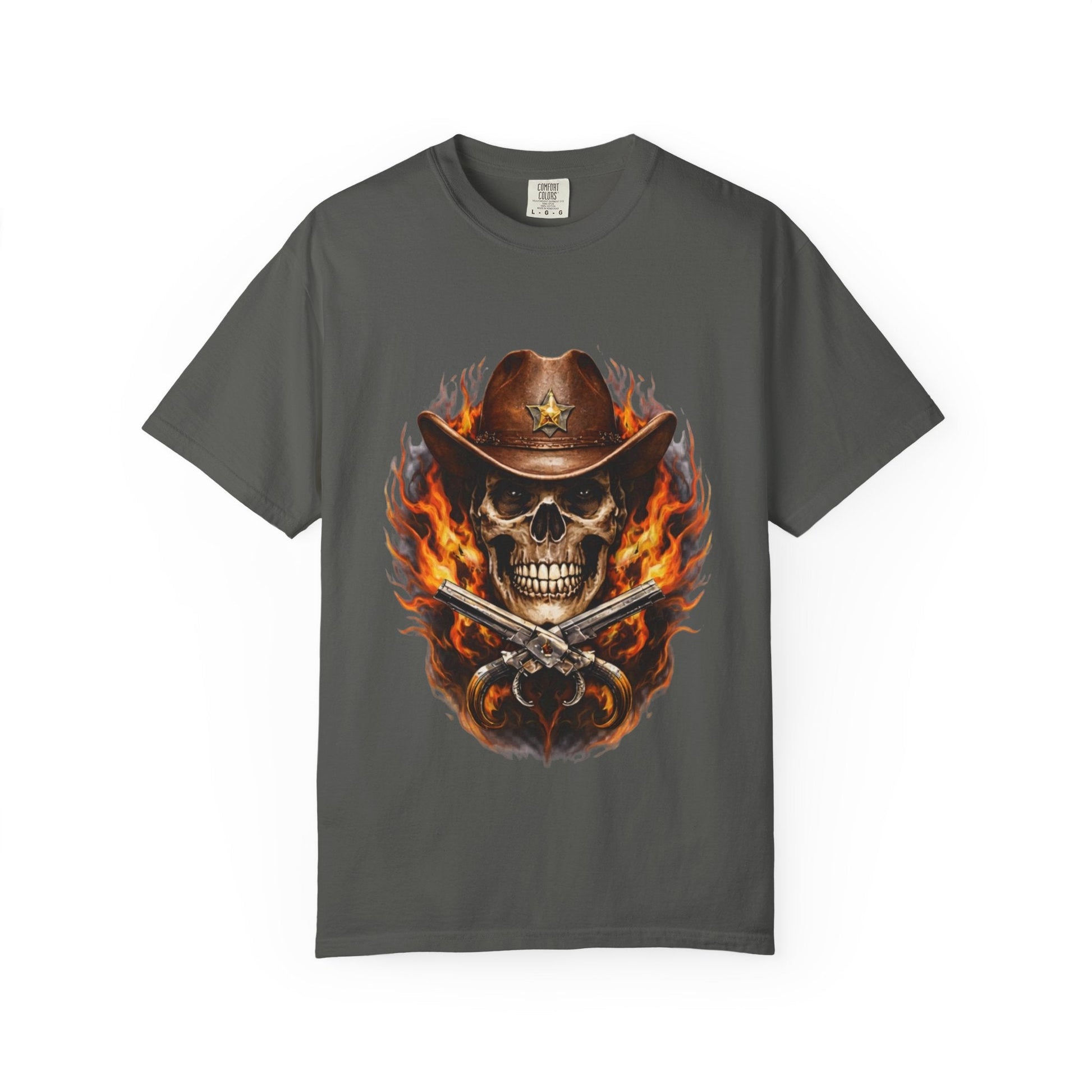 Flaming Cowboy Skull T-Shirt — Western Skull & Crossed Pistols Graphic Tee - JennyCool