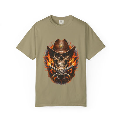 Flaming Cowboy Skull T-Shirt — Western Skull & Crossed Pistols Graphic Tee - JennyCool