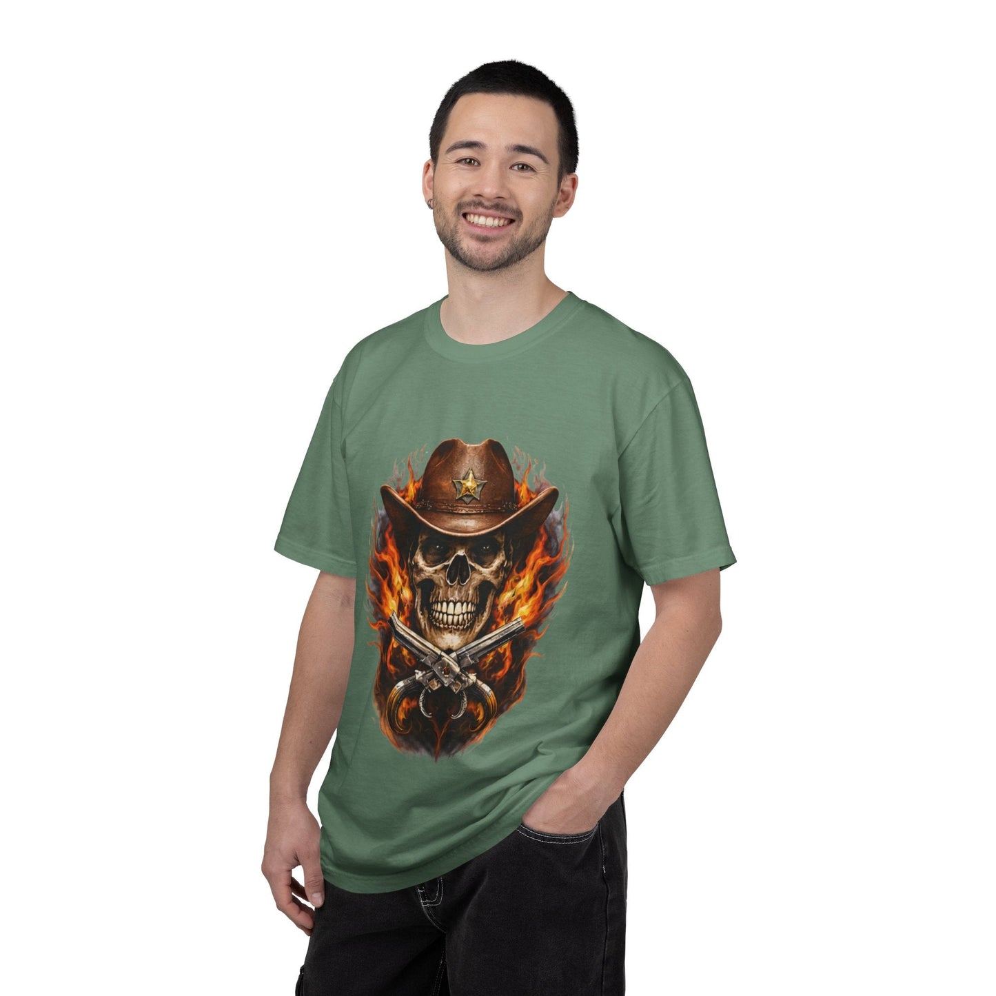 Flaming Cowboy Skull T-Shirt — Western Skull & Crossed Pistols Graphic Tee - JennyCool