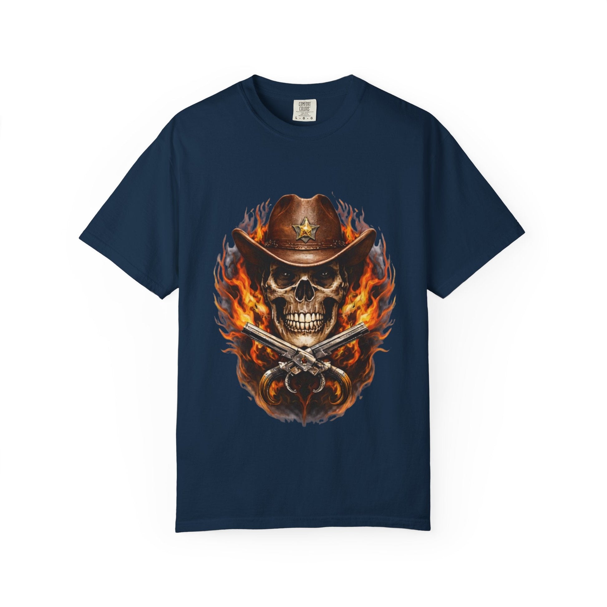 Flaming Cowboy Skull T-Shirt — Western Skull & Crossed Pistols Graphic Tee - JennyCool