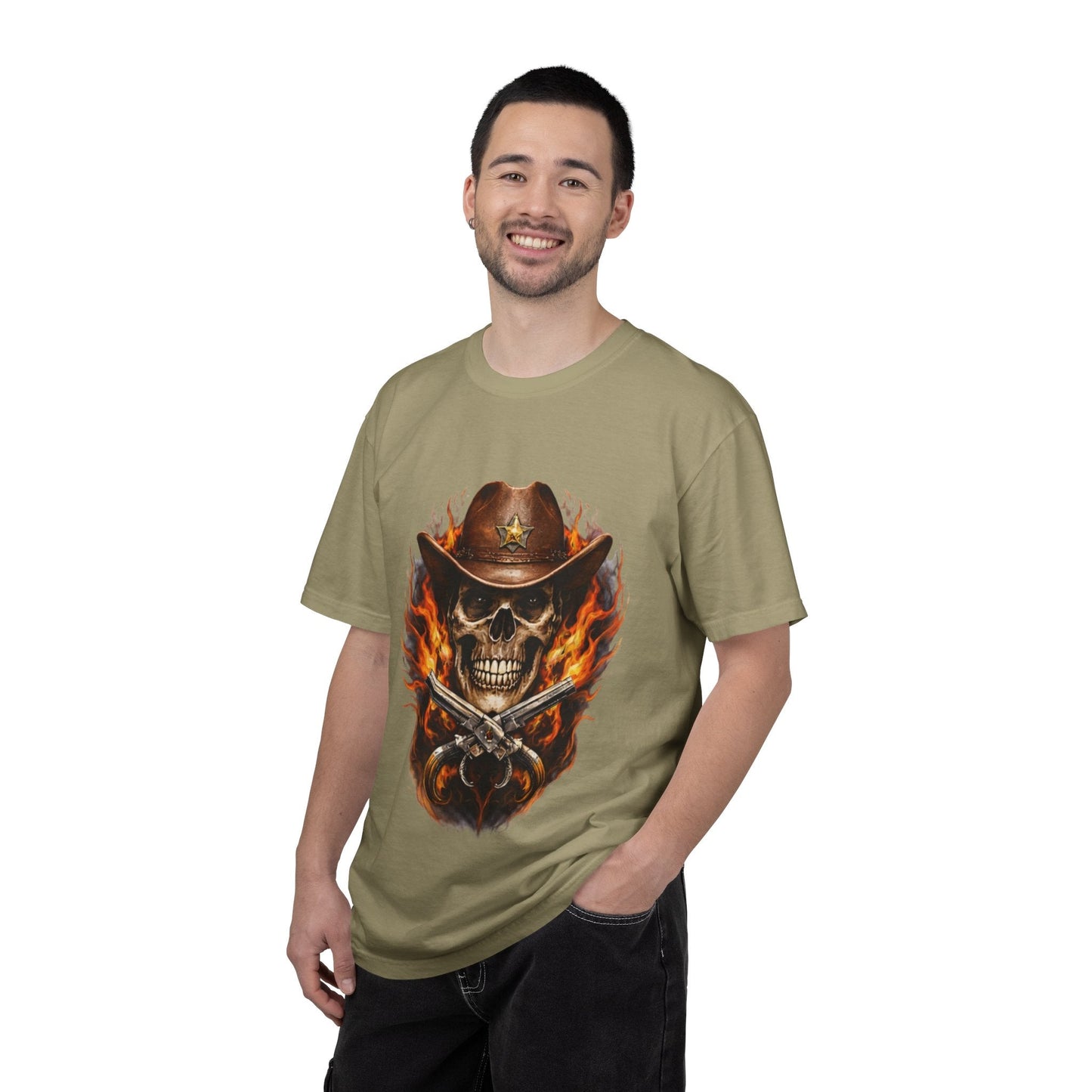 Flaming Cowboy Skull T-Shirt — Western Skull & Crossed Pistols Graphic Tee - JennyCool