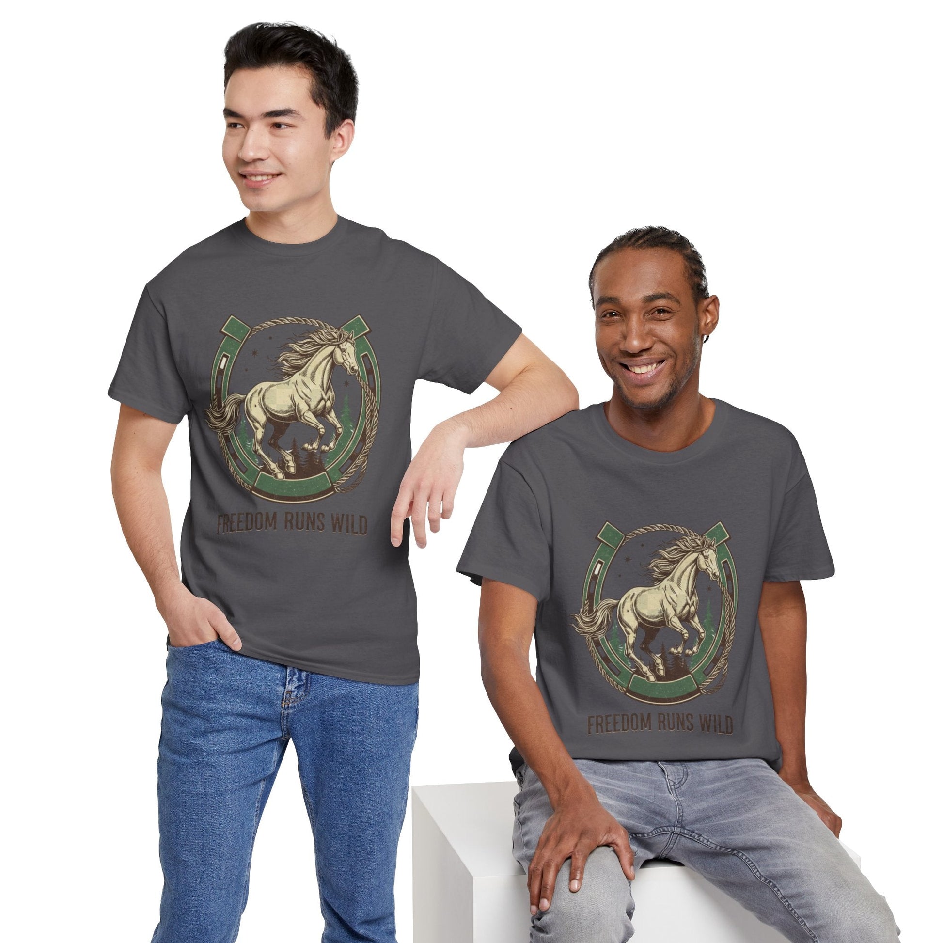 Freedom Runs Wild Horse Graphic T-Shirt – Vintage Western Men’s Tee - JennyCool