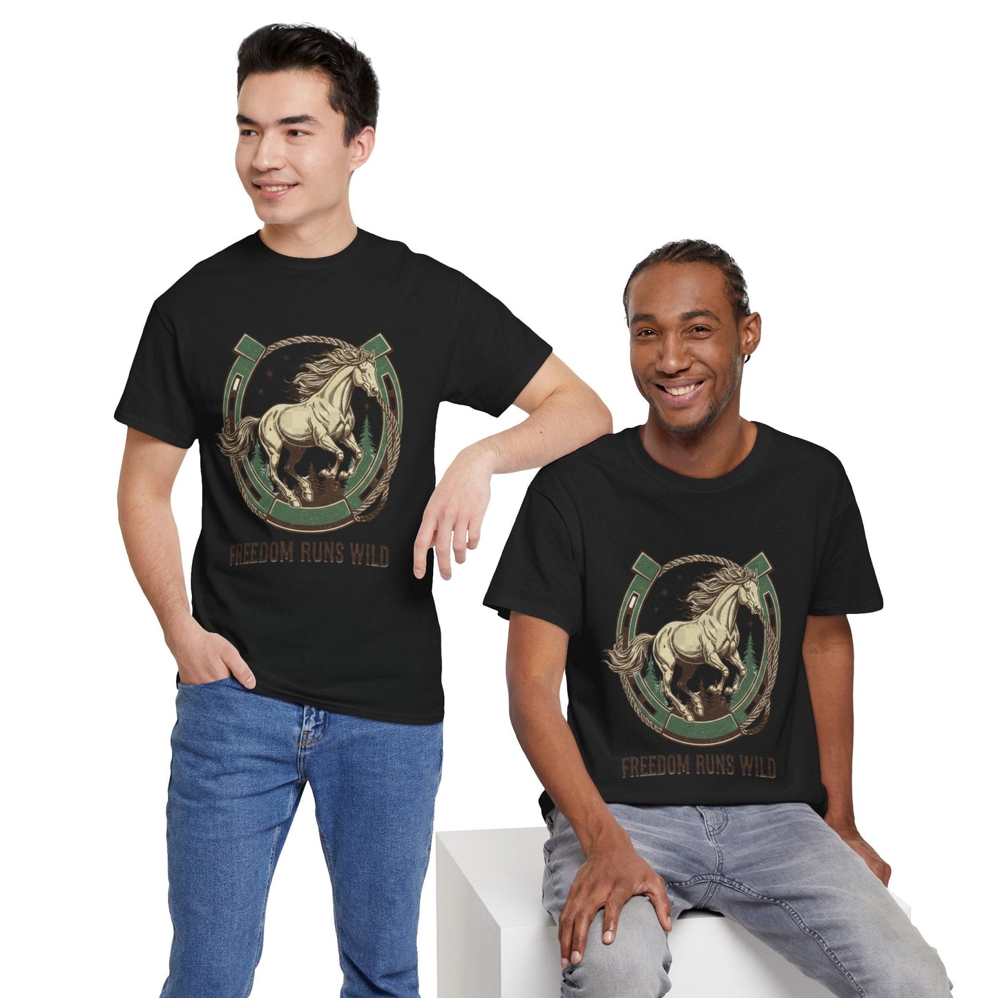 Freedom Runs Wild Horse Graphic T-Shirt – Vintage Western Men’s Tee - JennyCool