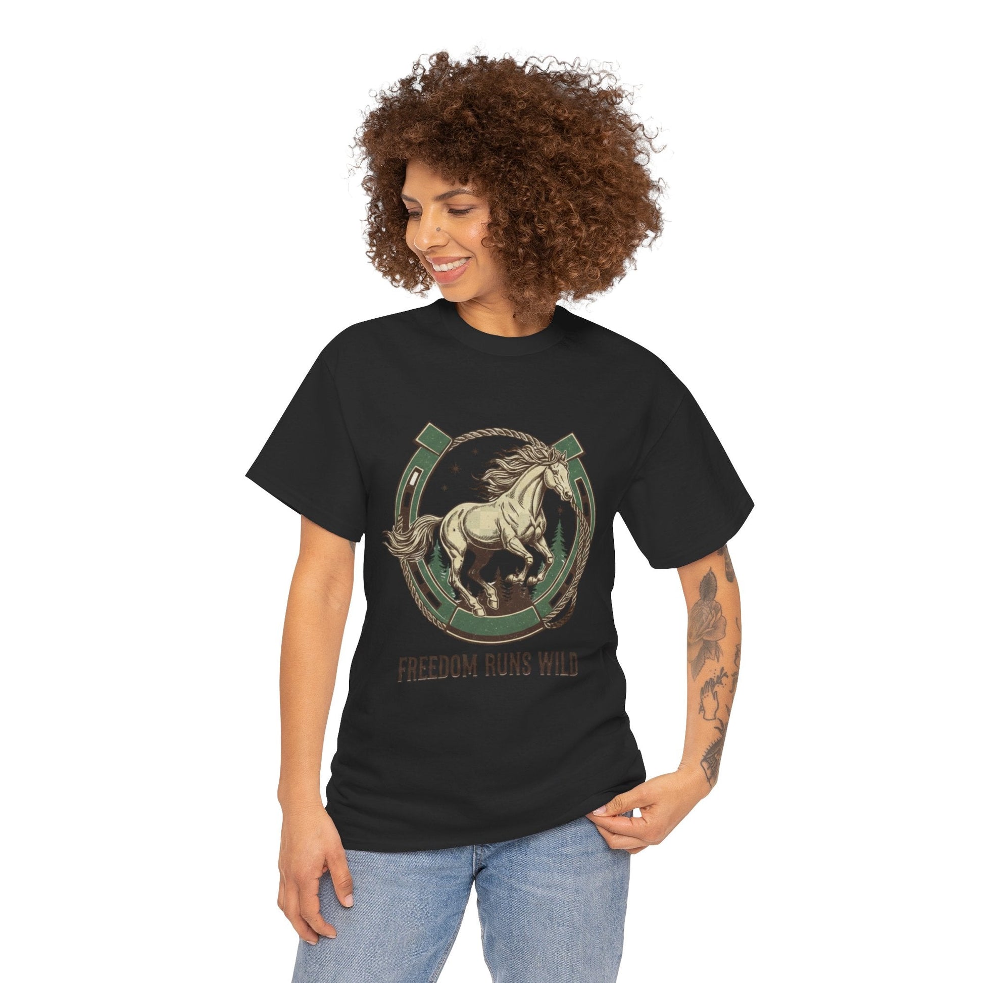 Freedom Runs Wild Horse Graphic T-Shirt – Vintage Western Women’s Tee - JennyCool