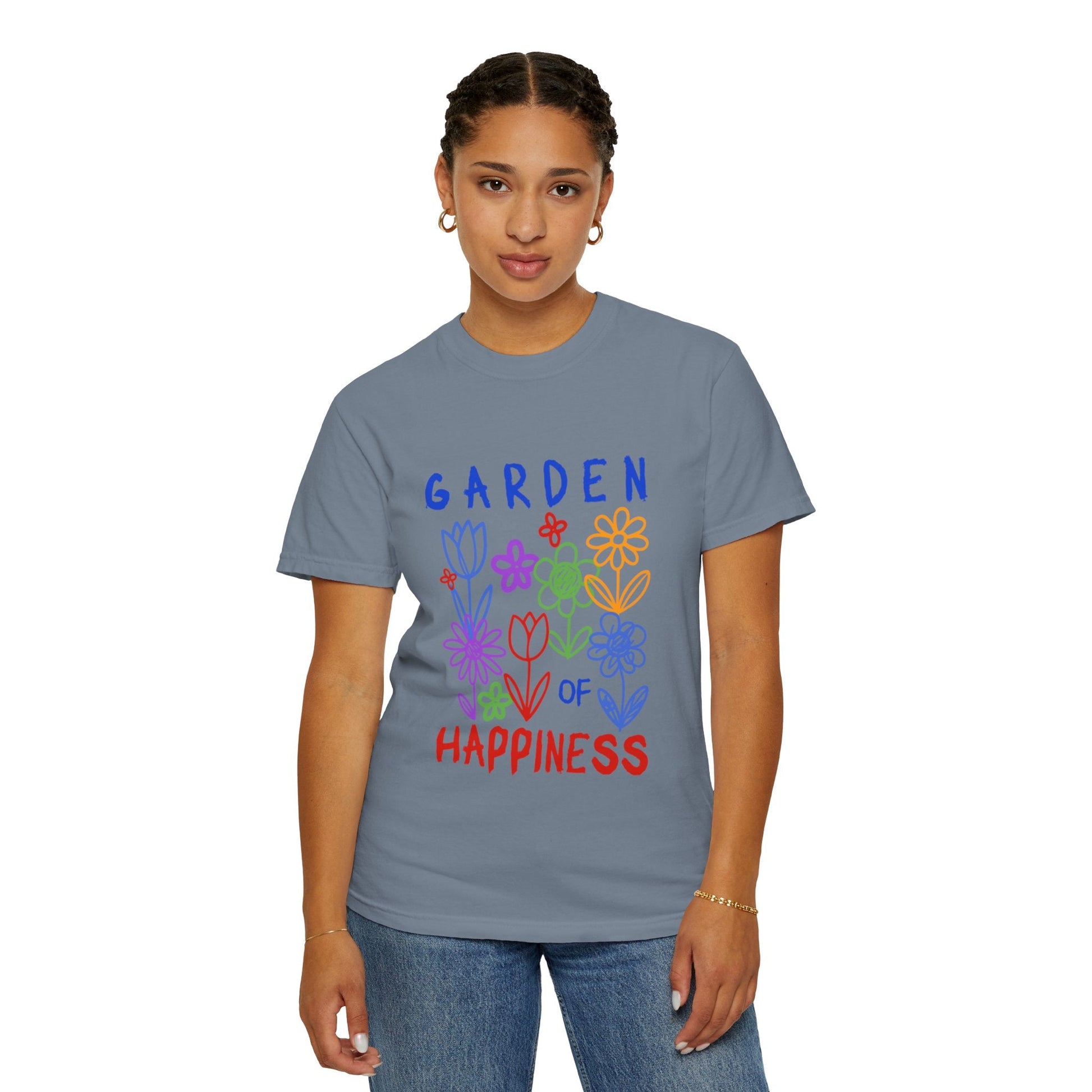 Garden of Happiness Floral Tee – Colorful Flower Graphic Shirt for Women, Cute Botanical Aesthetic T-Shirt - JennyCool