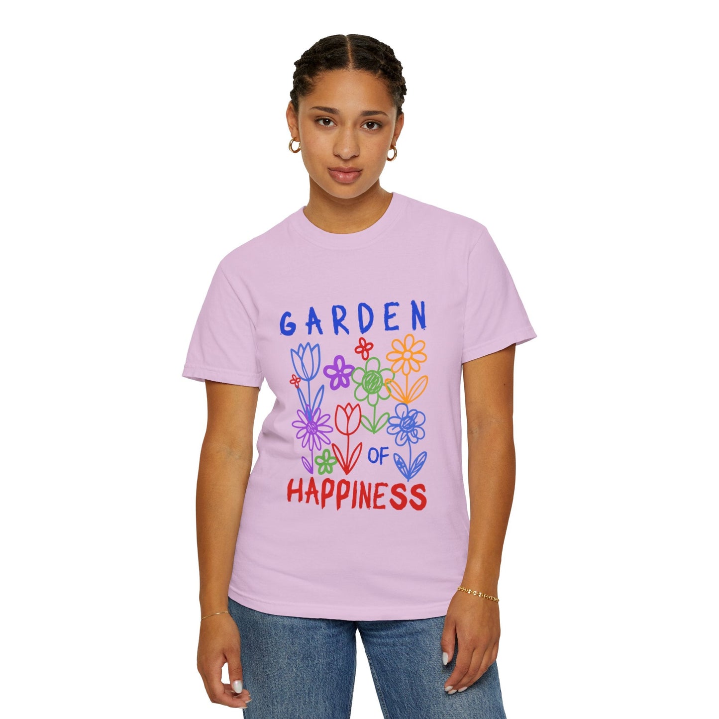Garden of Happiness Floral Tee – Colorful Flower Graphic Shirt for Women, Cute Botanical Aesthetic T-Shirt - JennyCool