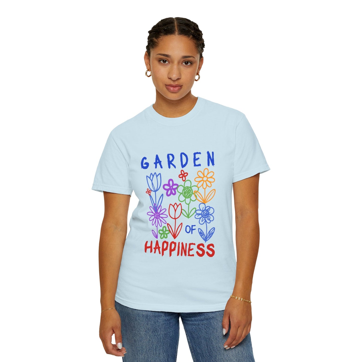 Garden of Happiness Floral Tee – Colorful Flower Graphic Shirt for Women, Cute Botanical Aesthetic T-Shirt - JennyCool