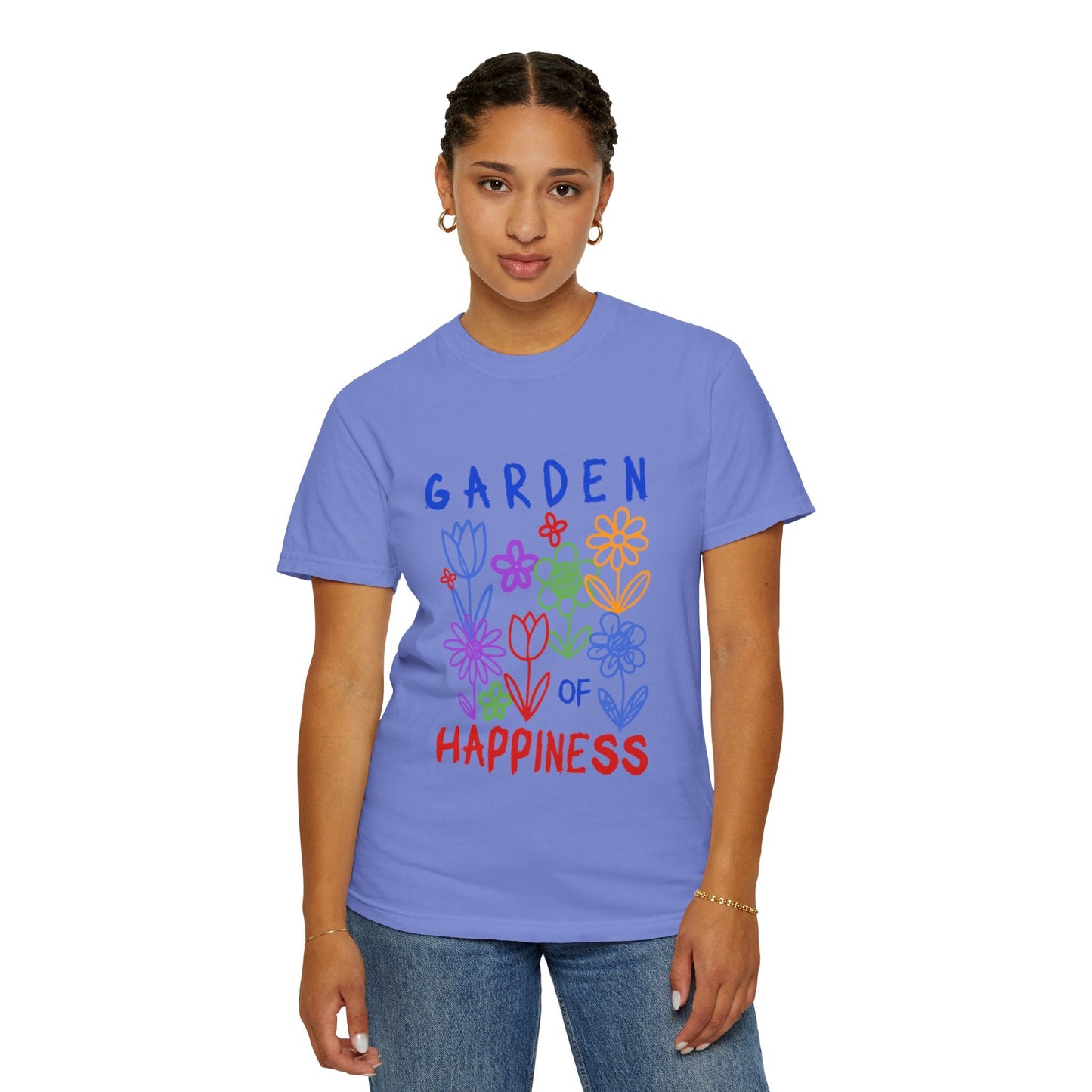 Garden of Happiness Floral Tee – Colorful Flower Graphic Shirt for Women, Cute Botanical Aesthetic T-Shirt - JennyCool