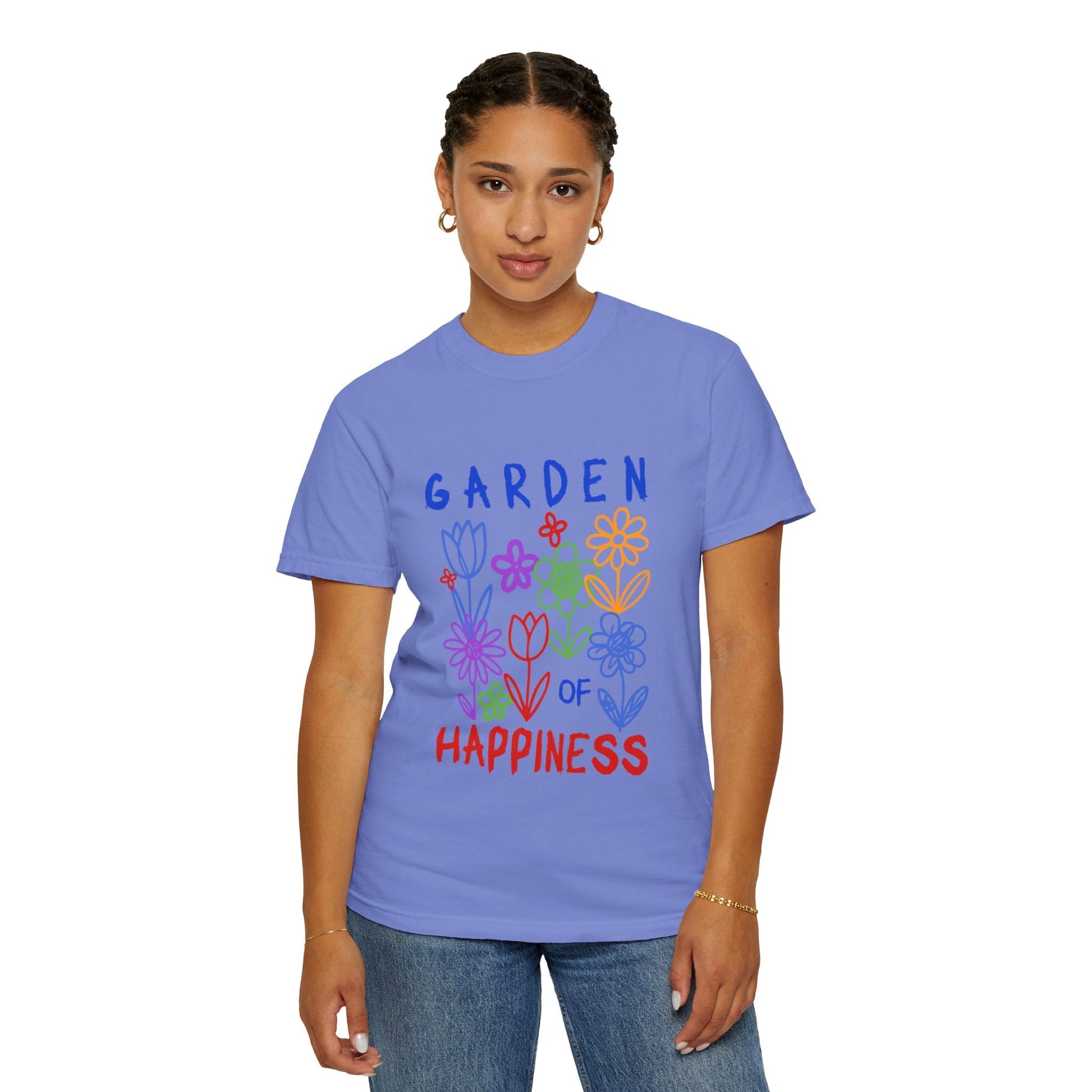 Garden of Happiness Floral Tee – Colorful Flower Graphic Shirt for Women, Cute Botanical Aesthetic T-Shirt - JennyCool