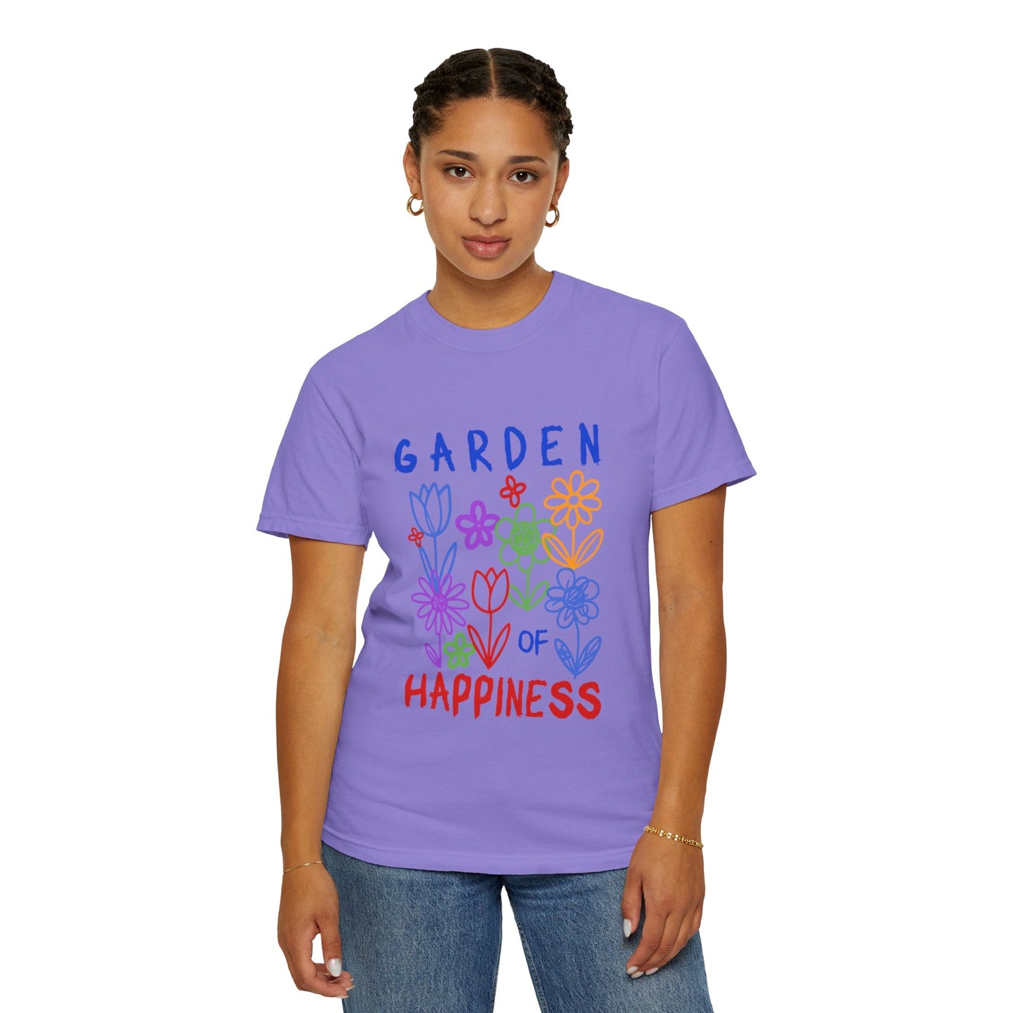 Garden of Happiness Floral Tee – Colorful Flower Graphic Shirt for Women, Cute Botanical Aesthetic T-Shirt - JennyCool