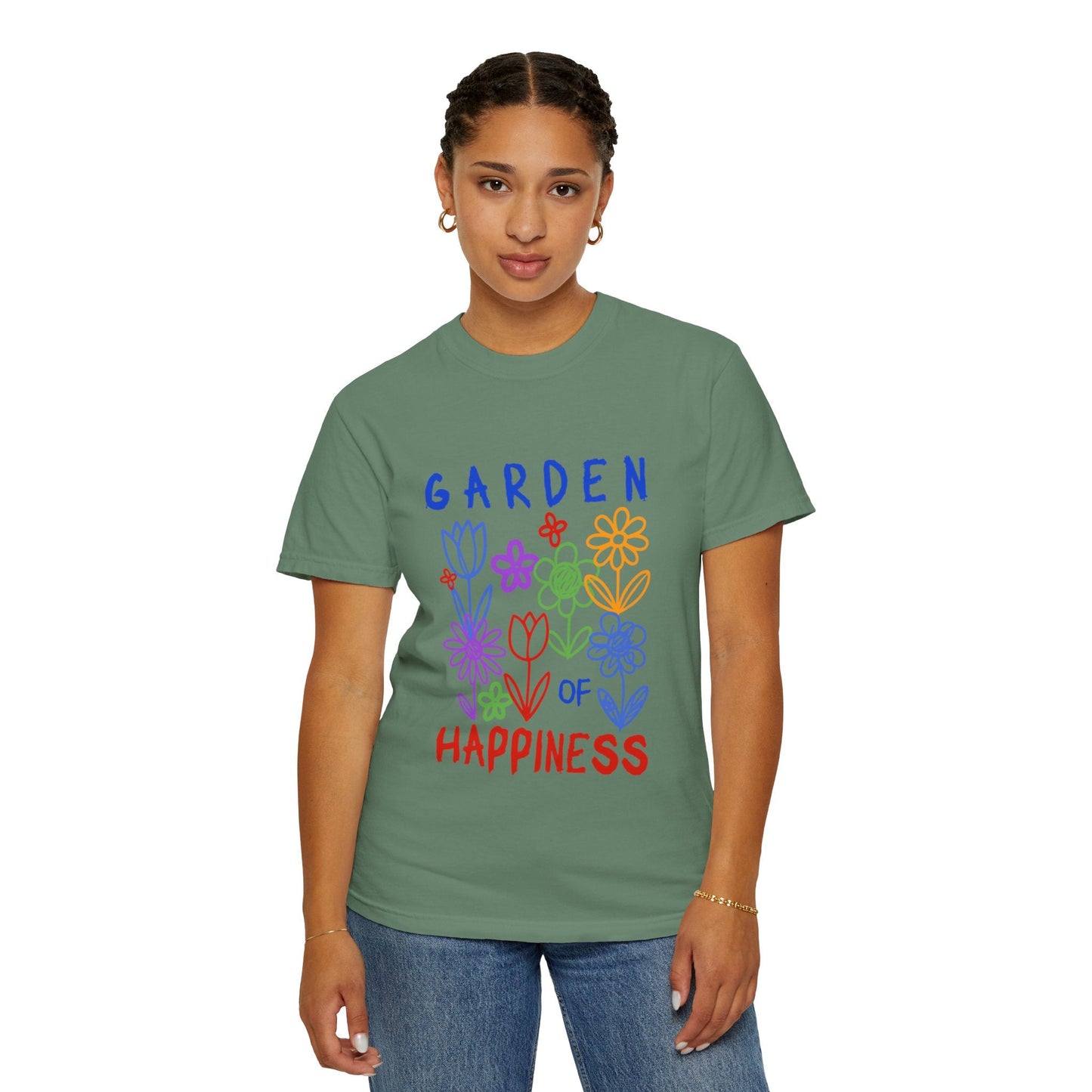 Garden of Happiness Floral Tee – Colorful Flower Graphic Shirt for Women, Cute Botanical Aesthetic T-Shirt - JennyCool