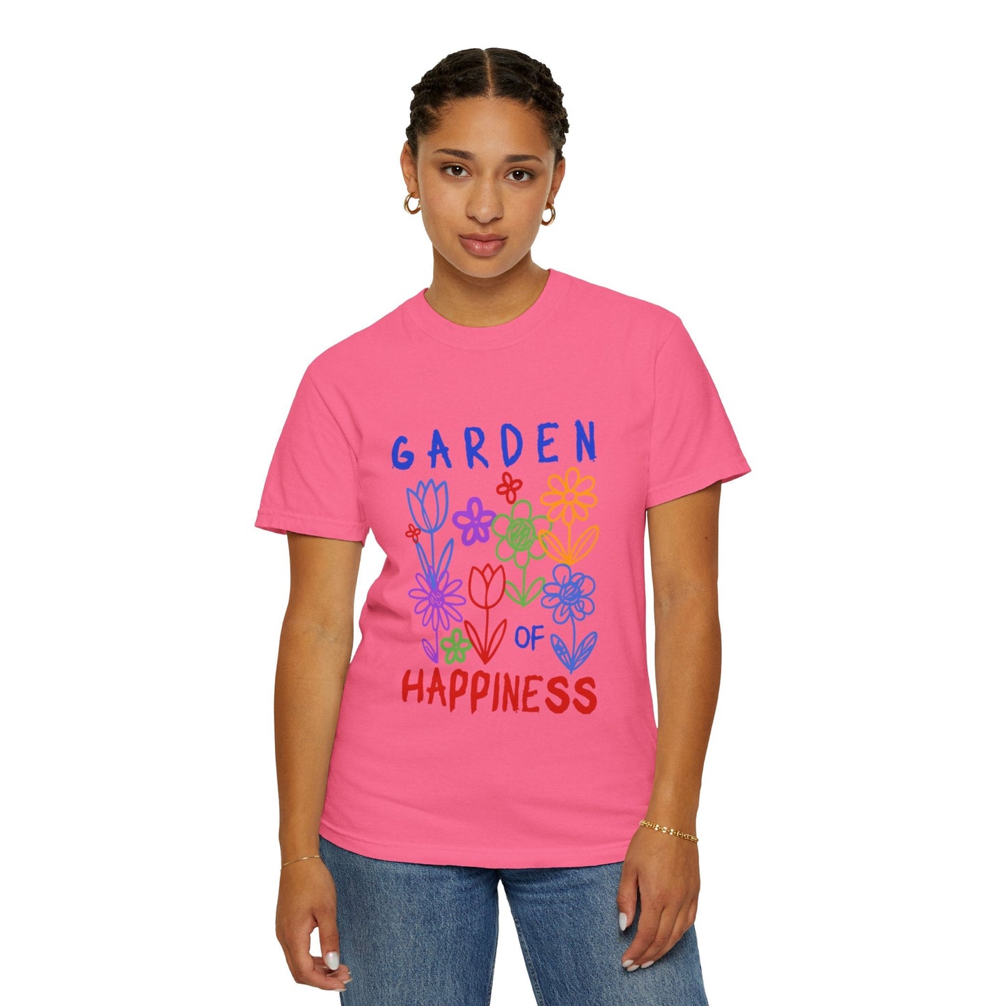 Garden of Happiness Floral Tee – Colorful Flower Graphic Shirt for Women, Cute Botanical Aesthetic T-Shirt - JennyCool