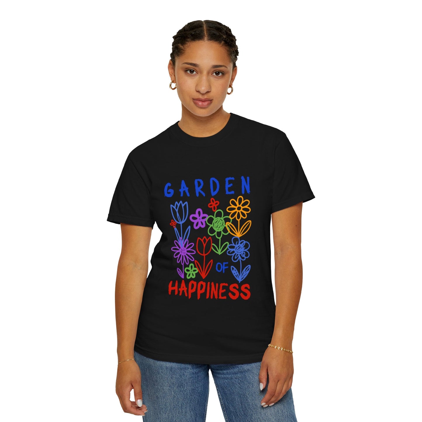 Garden of Happiness Floral Tee – Colorful Flower Graphic Shirt for Women, Cute Botanical Aesthetic T-Shirt - JennyCool
