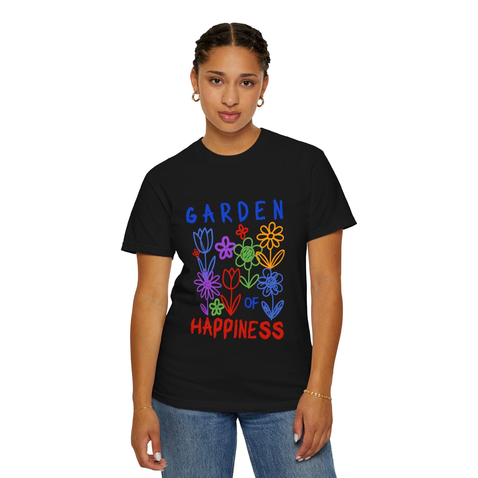 Garden of Happiness Floral Tee – Colorful Flower Graphic Shirt for Women, Cute Botanical Aesthetic T-Shirt - JennyCool