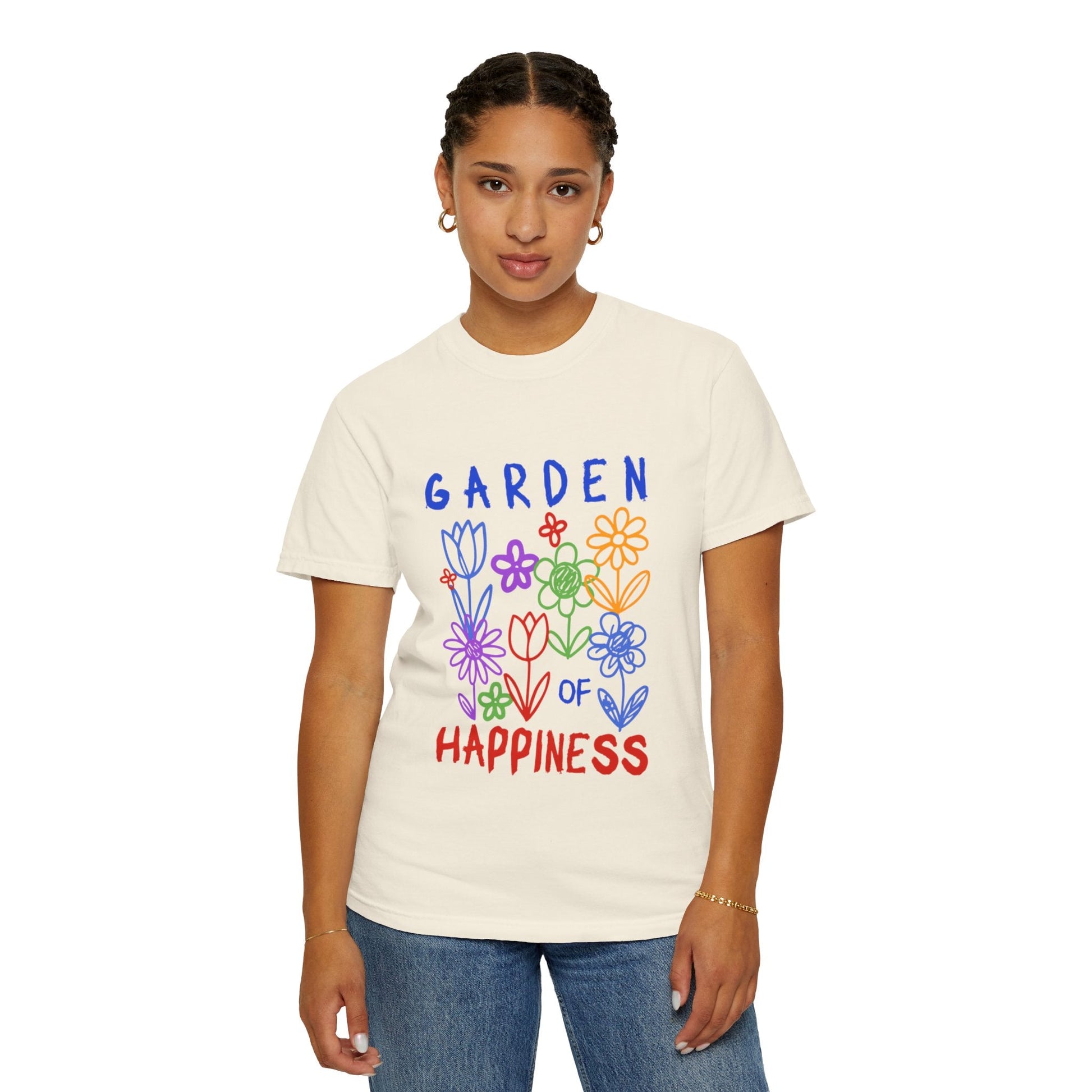 Garden of Happiness Floral Tee – Colorful Flower Graphic Shirt for Women, Cute Botanical Aesthetic T-Shirt - JennyCool